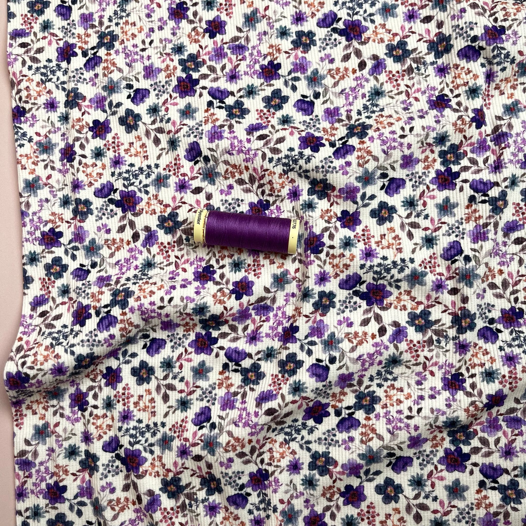 Ditsy Purple Flowers Cotton Ribbed Jersey