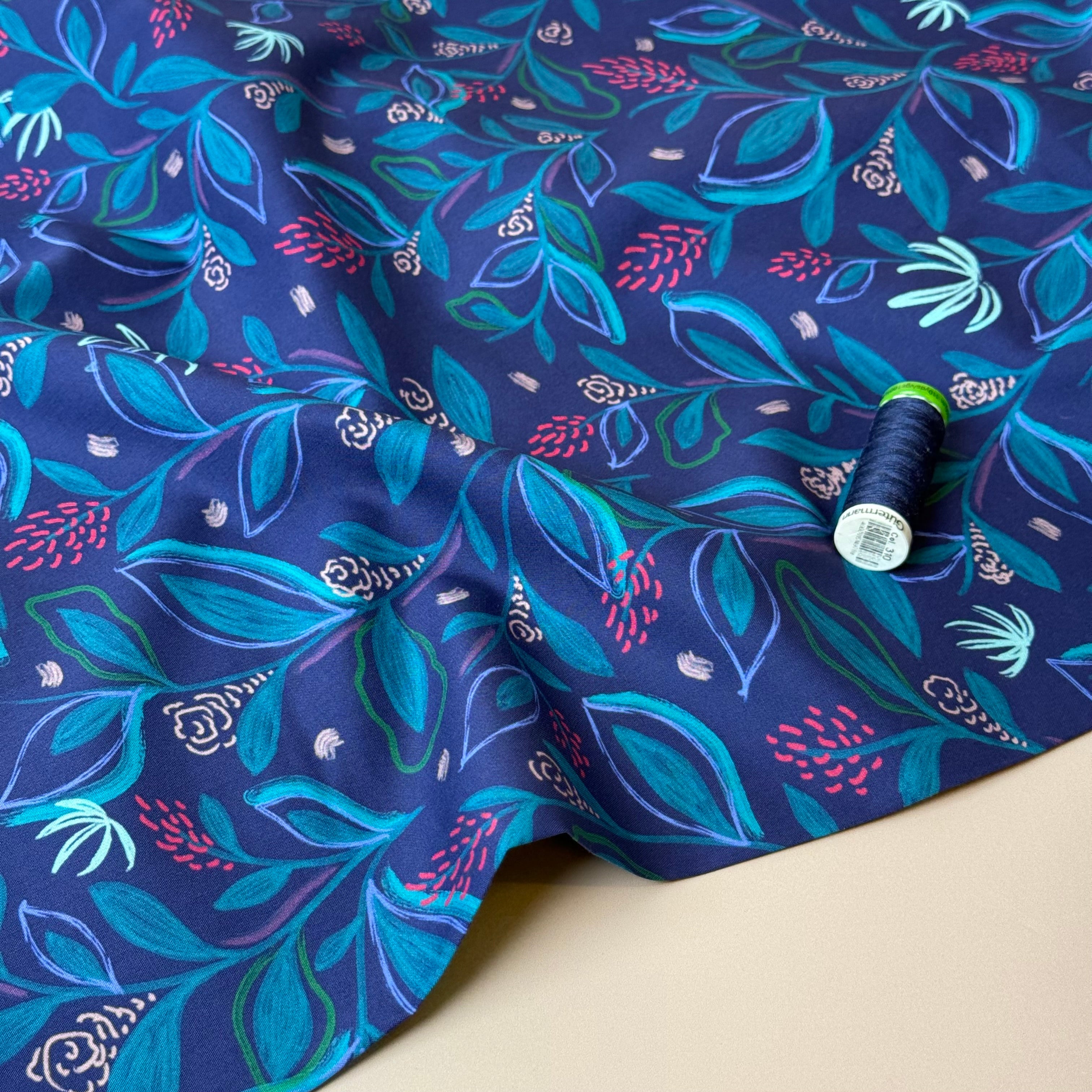 Flowering Branches in Blue Fine Cotton Poplin Fabric