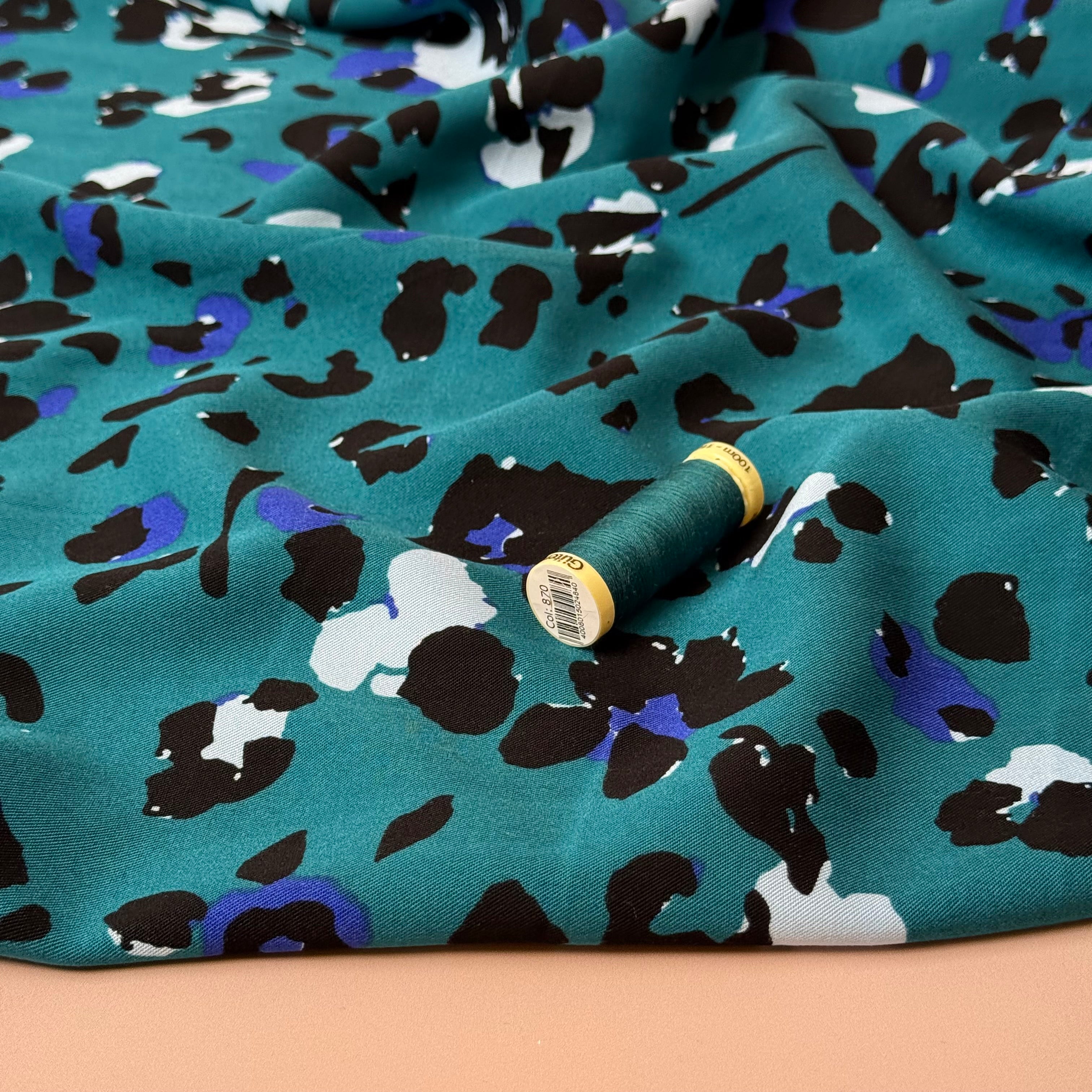 Abstract Leopard Petrol Viscose Twill