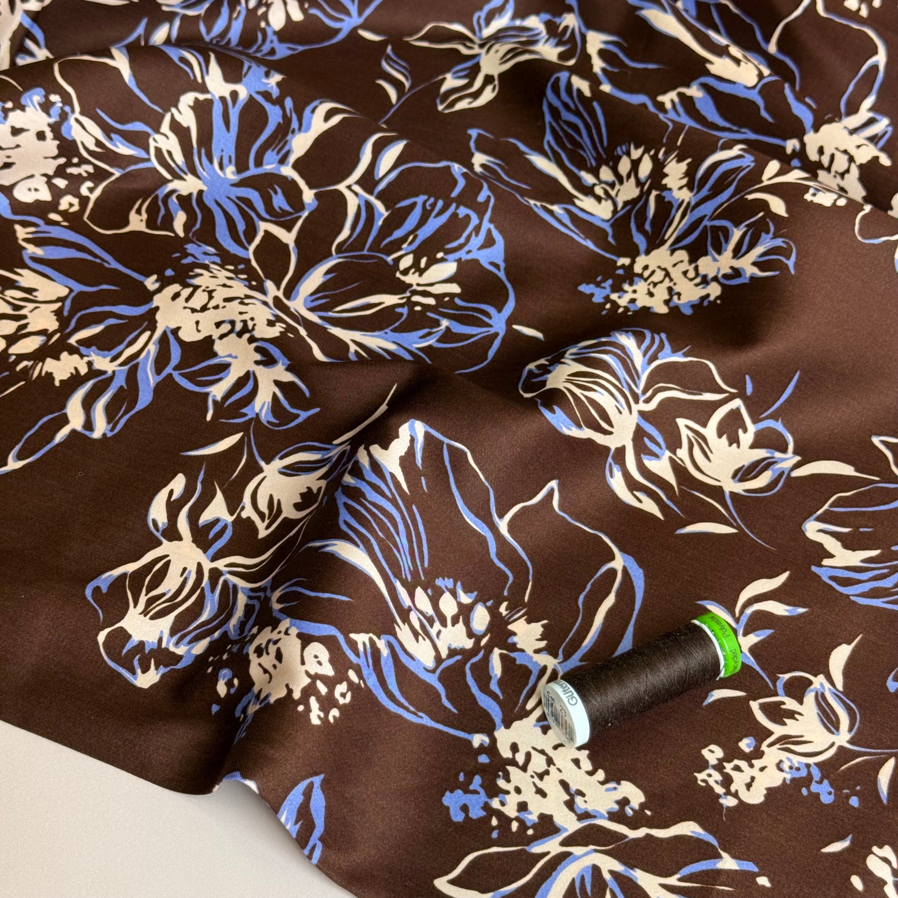 Line Flowers on Brown Cotton Sateen Fabric