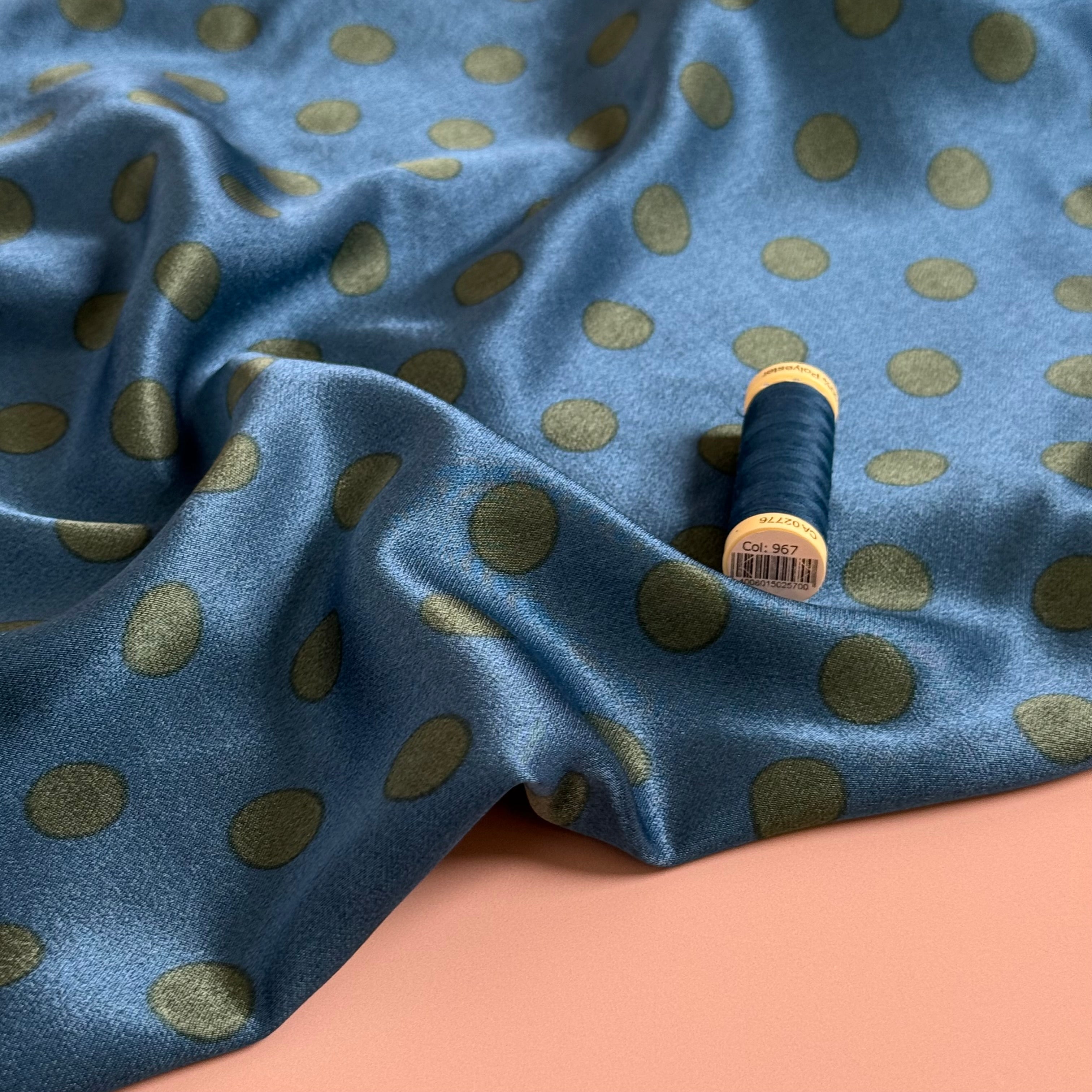 Polka Green on Petrol Spun Viscose Sateen Fabric