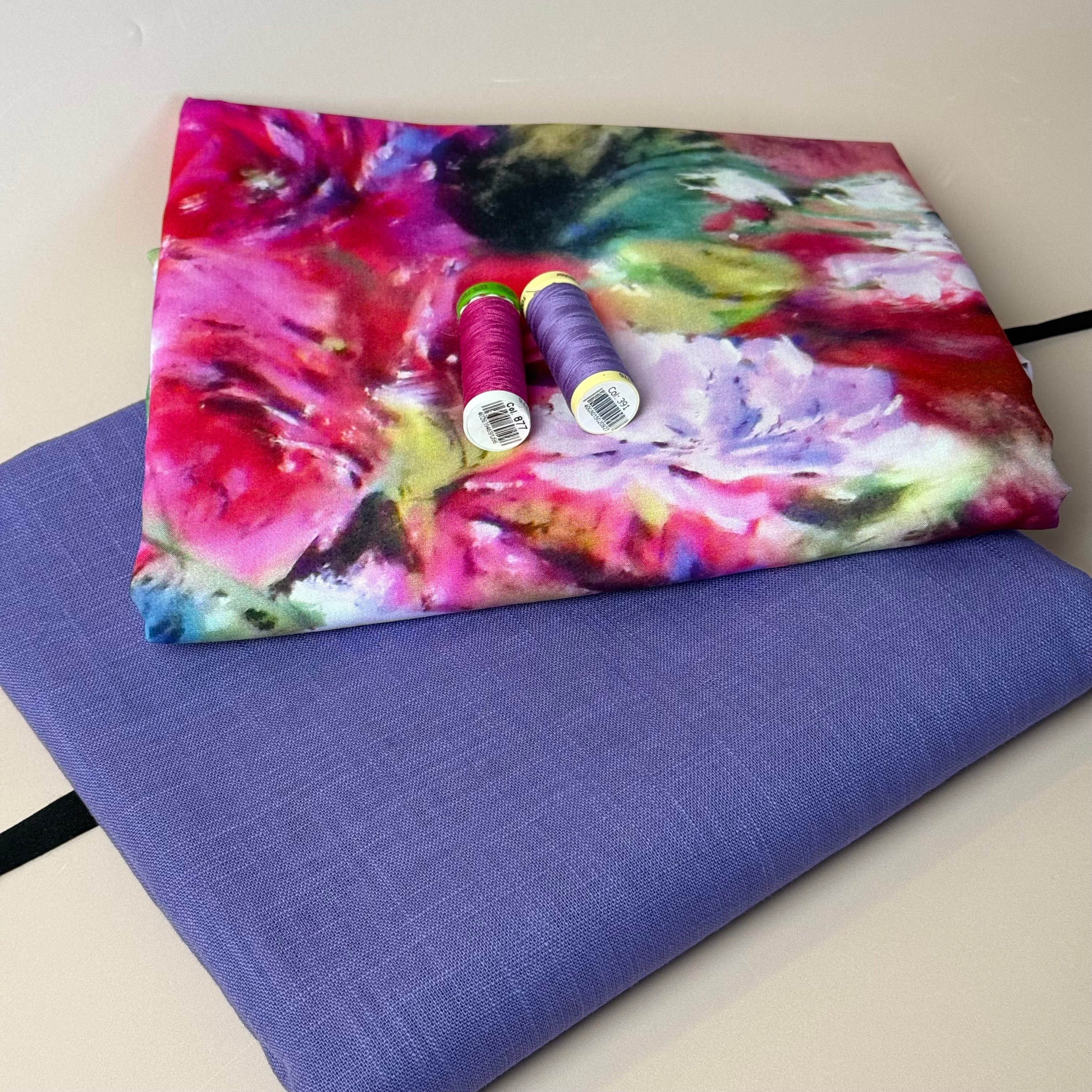 Make an Outfit Colour Bundle - Abstract Watercolour Florals Viscose with Breeze Violet Purple Linen