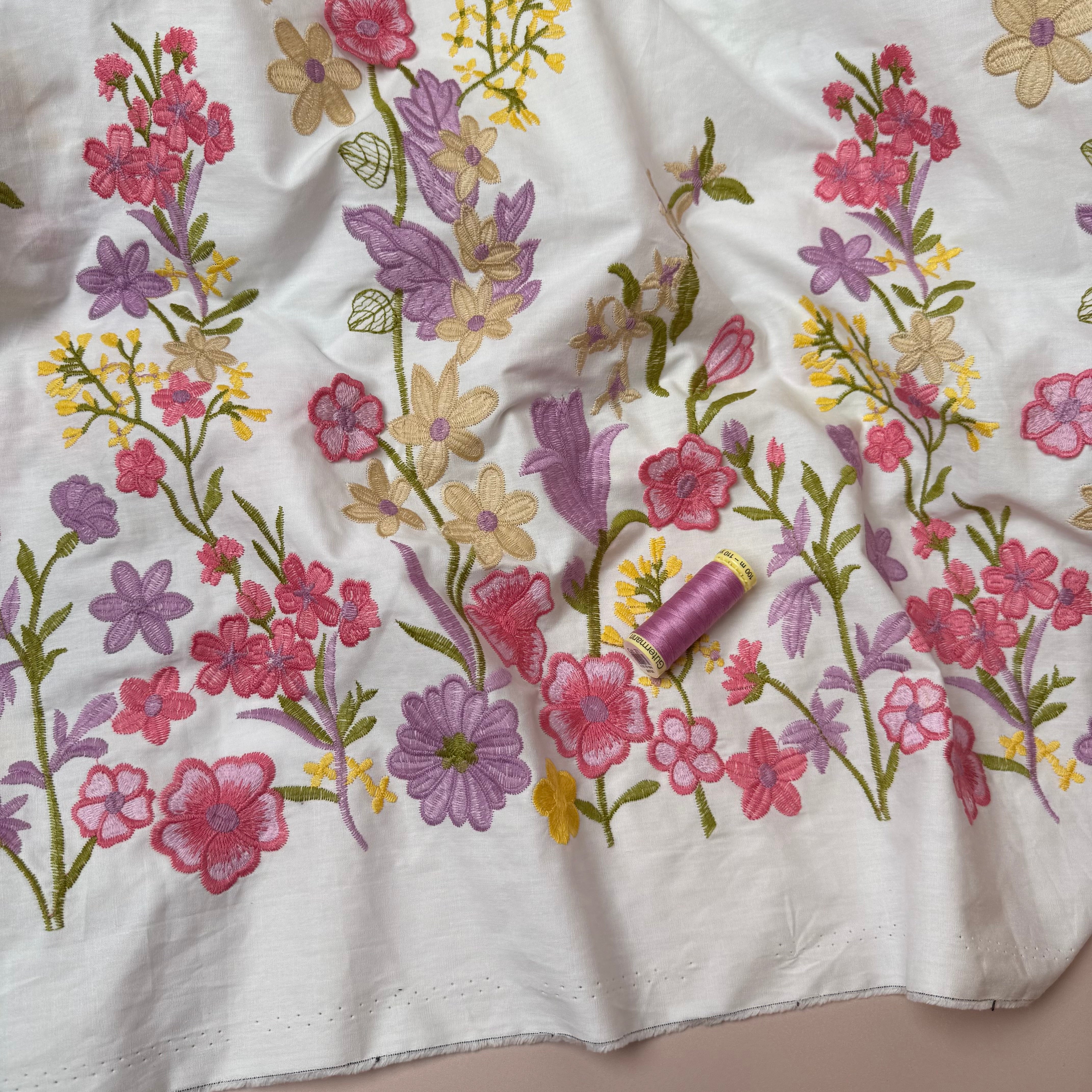 Pink Floral Border Embroidered Cotton Fabric
