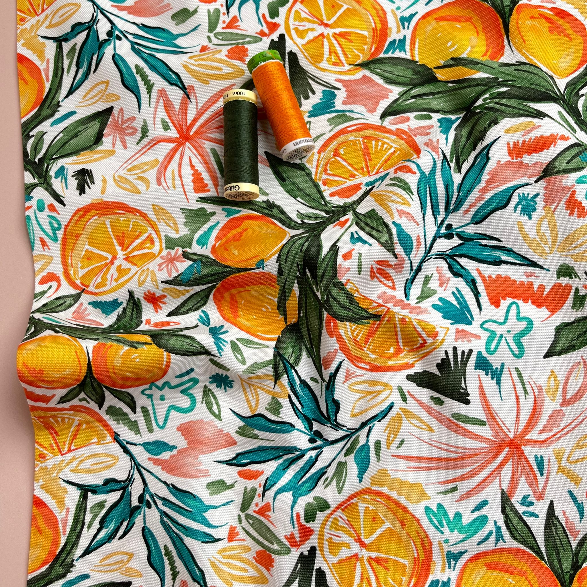 Orange Grove on White Cotton Canvas Fabric