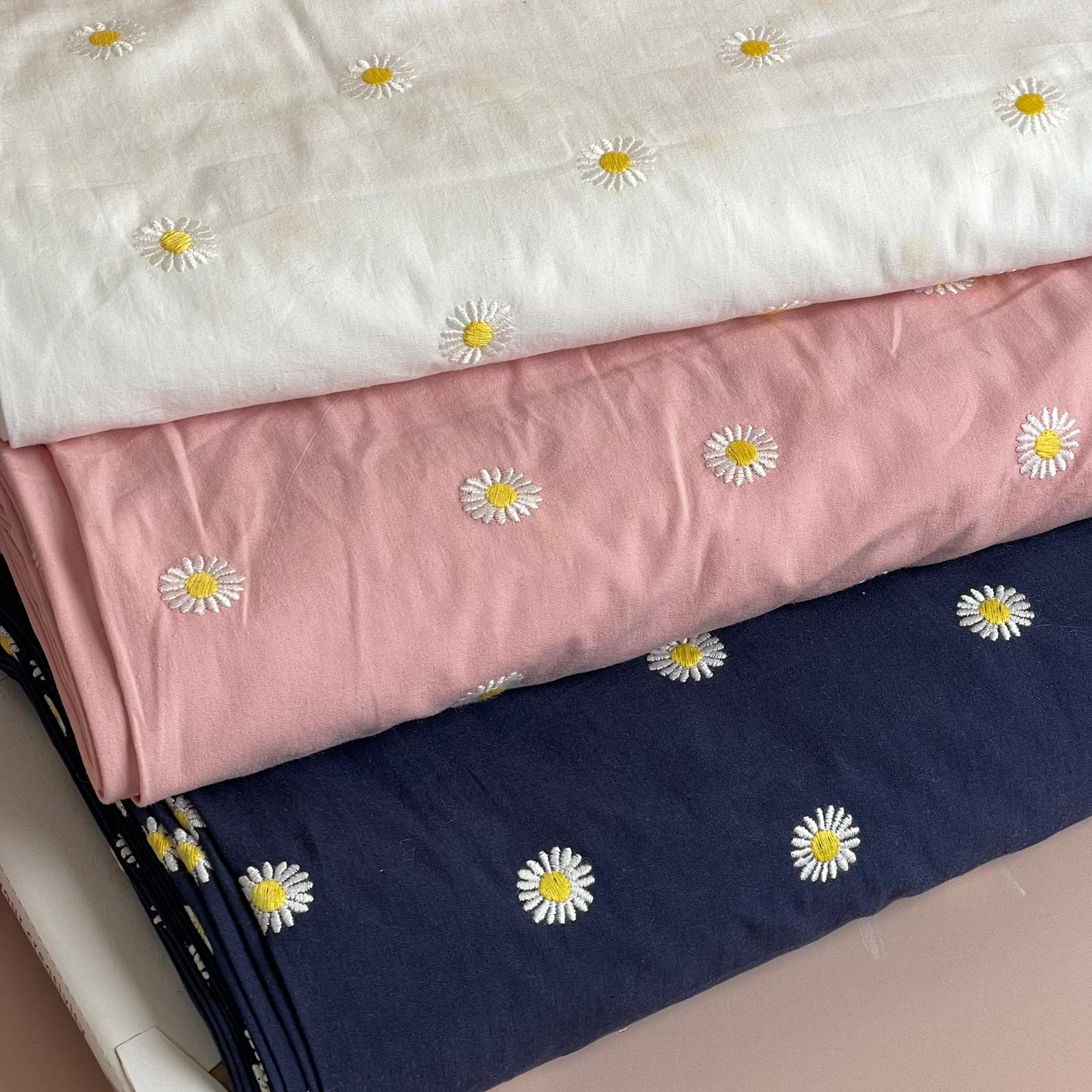 Embroidered Daisies on Navy Cotton Poplin