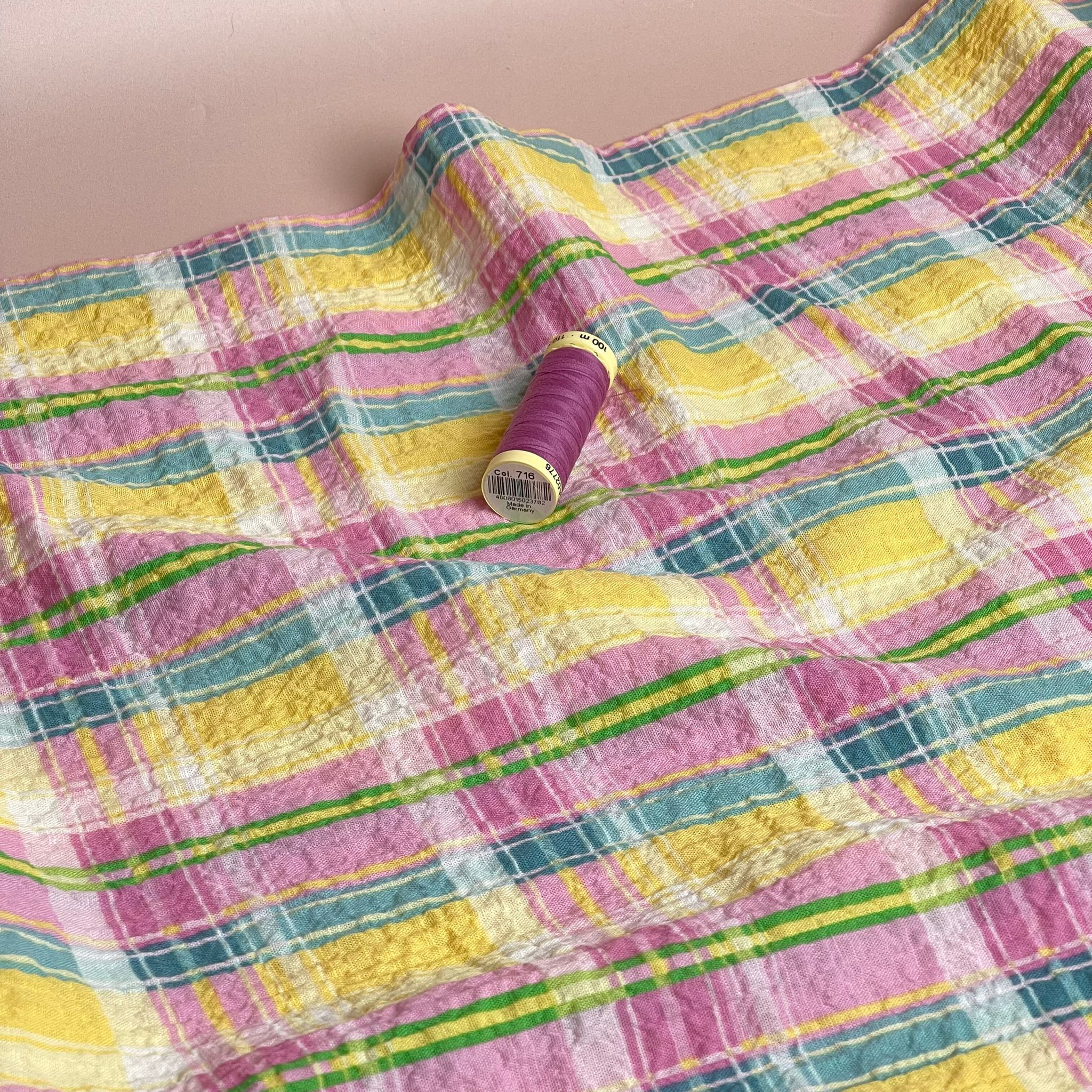 Ex-Designer Deadstock Rainbow Check Cotton Seersucker Fabric