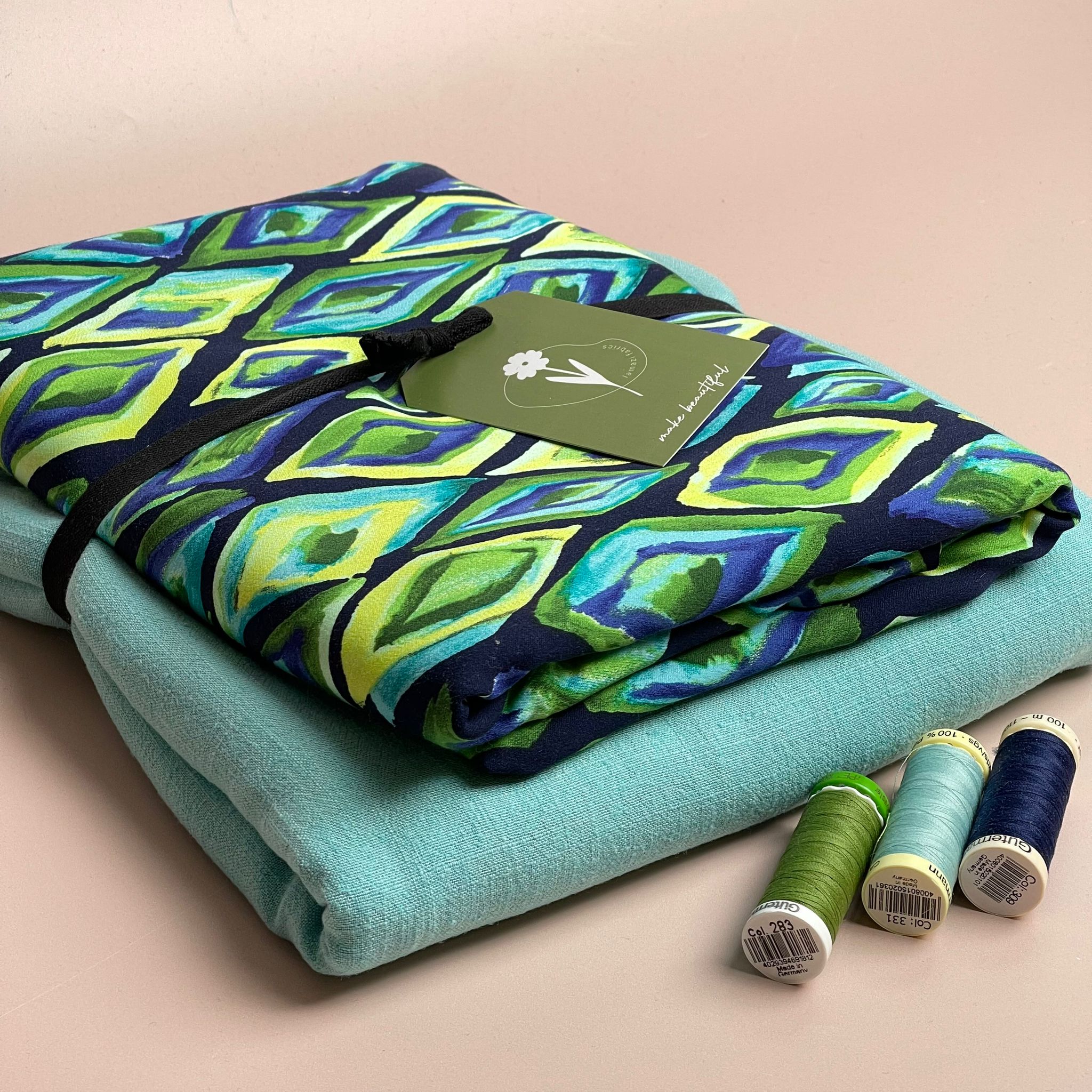 Make an Outfit Colour Bundle - Ocean Diamond Viscose Sateen with Turquoise Flow Linen