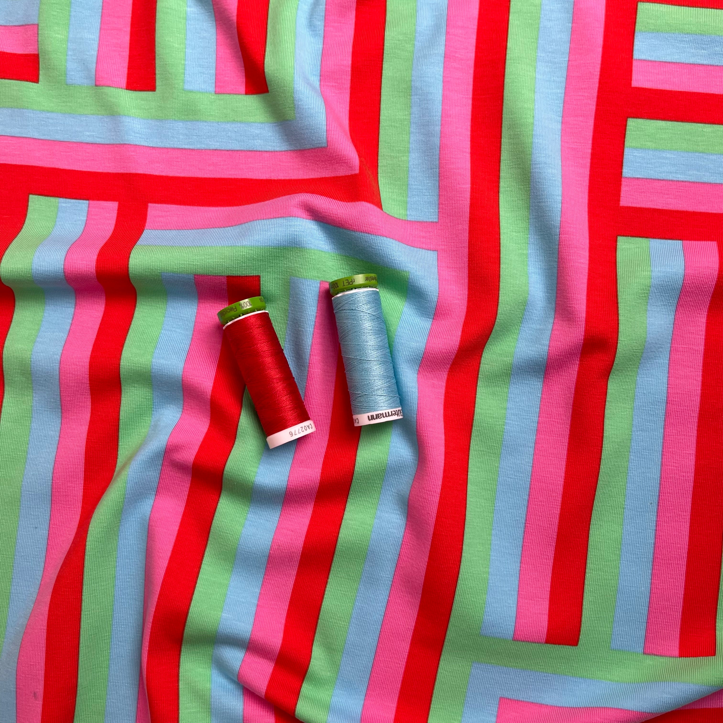 Rainbow Maze Red Cotton Jersey Fabric