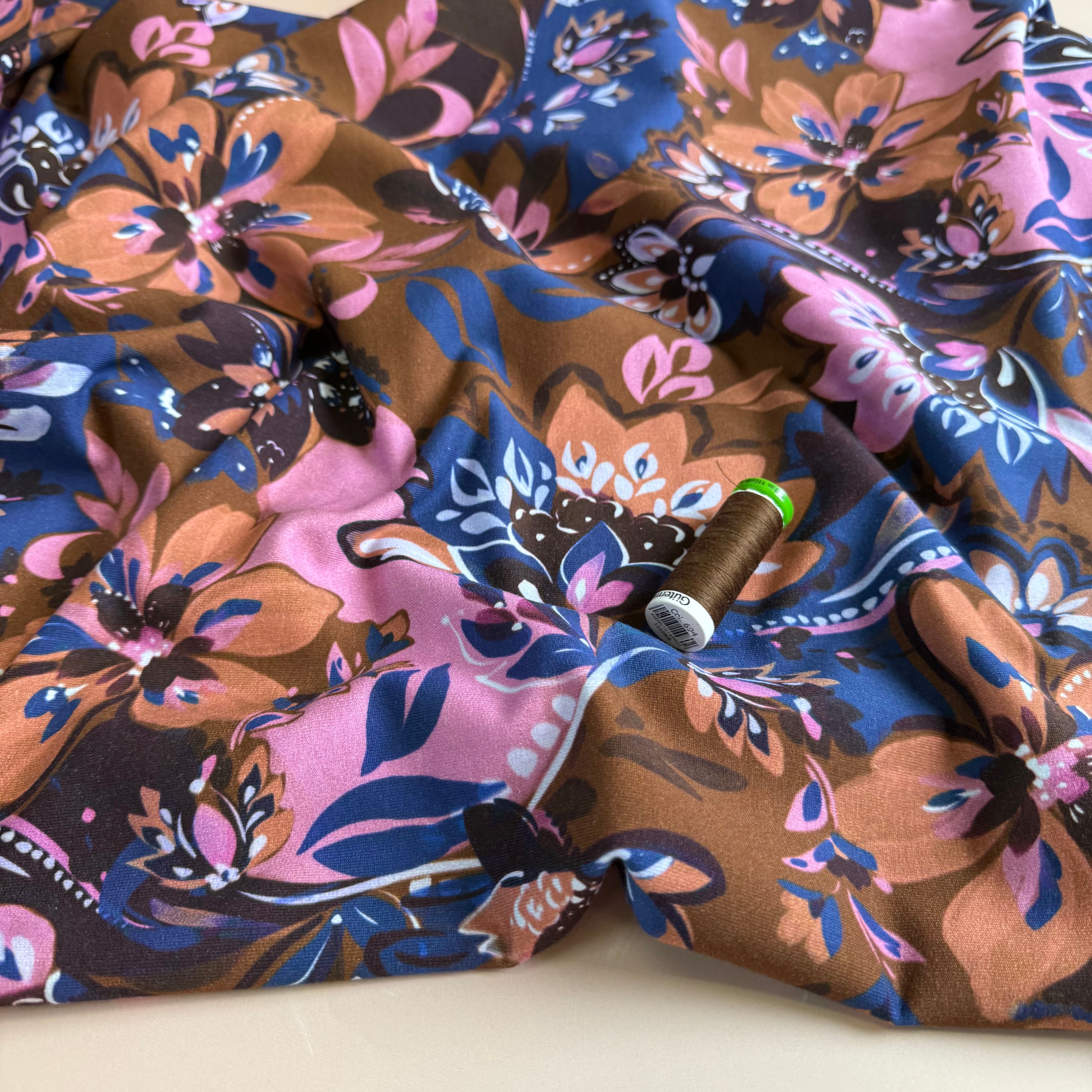 Painted Neutral Flowers on Brown Cotton French Terry