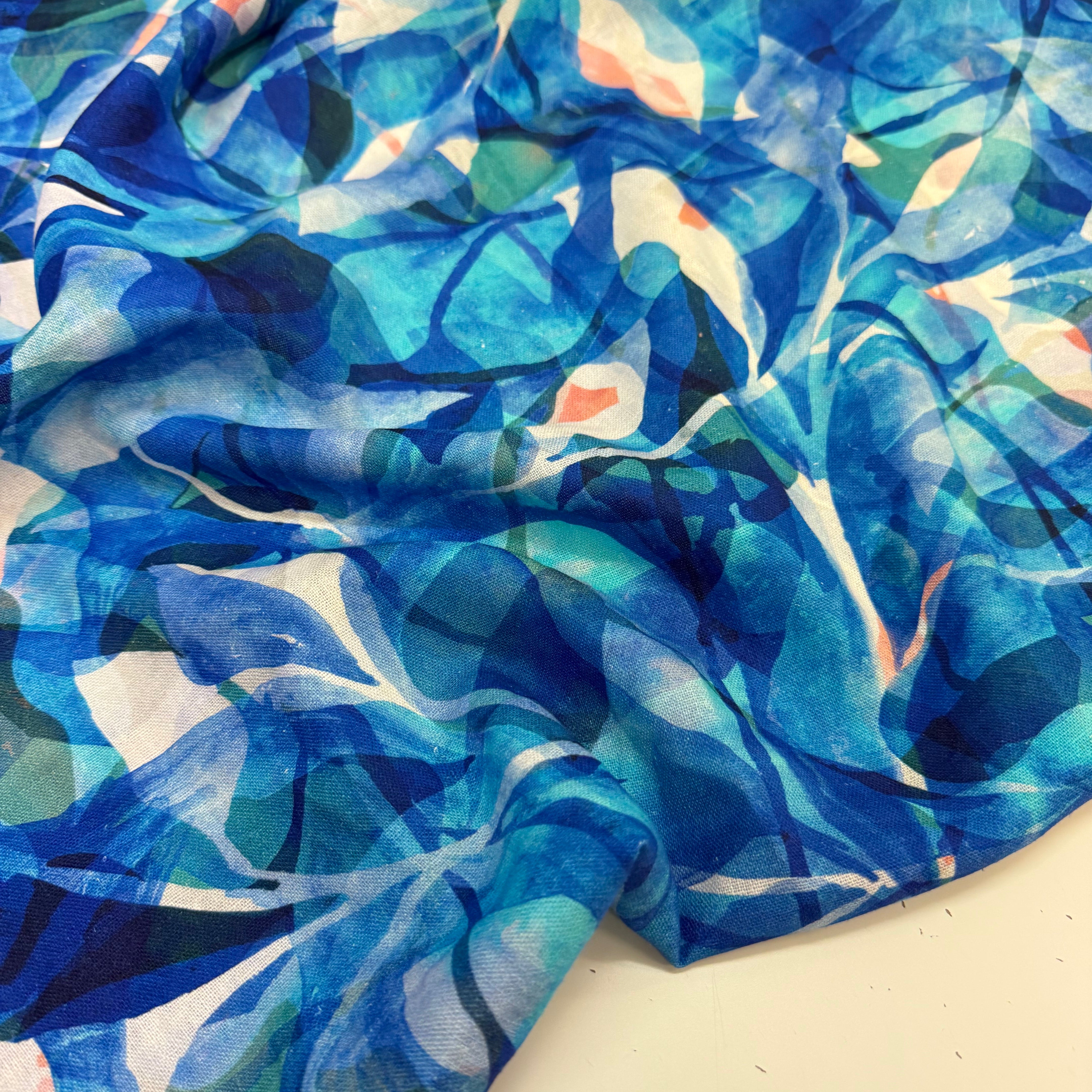 PRE-ORDER (arriving at the end of May) - Painted Foliage Ocean Linen Viscose Blend Fabric