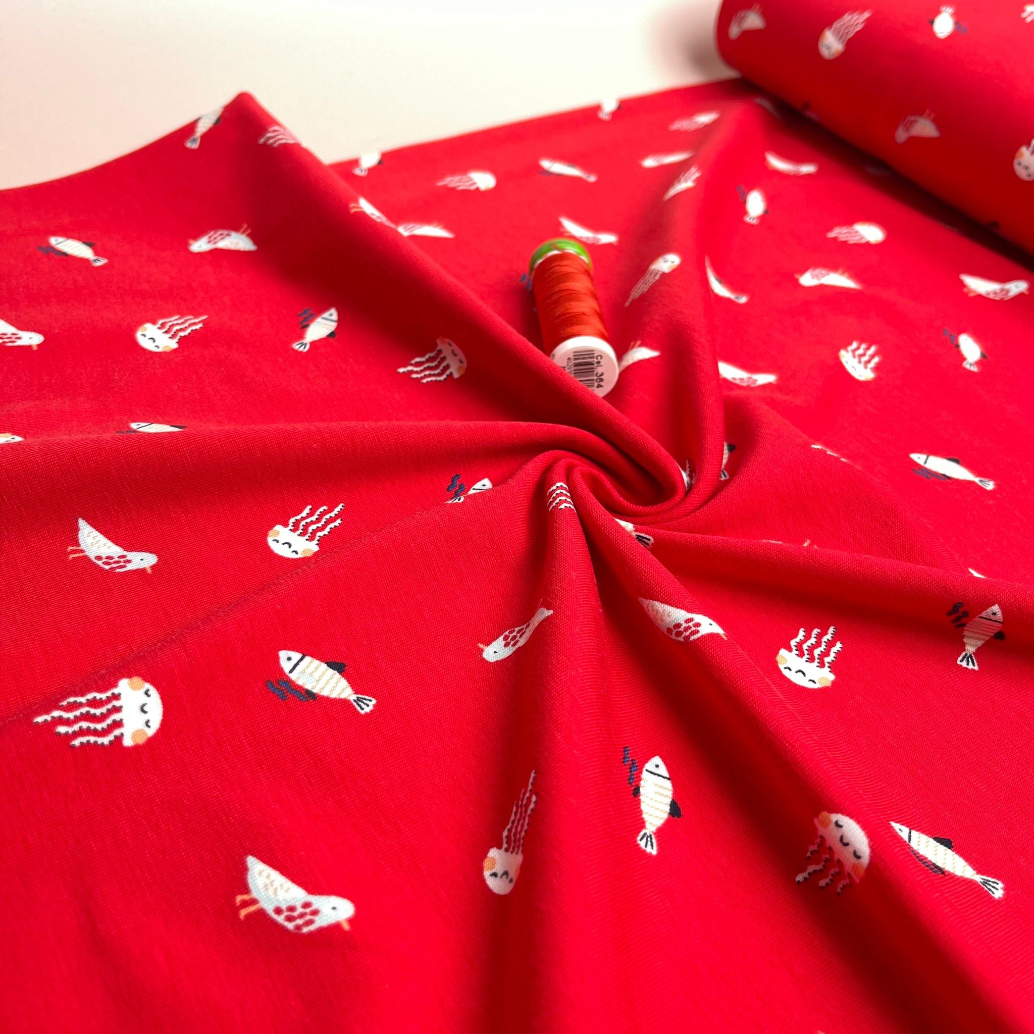 Under The Sea Red Cotton Jersey Fabric