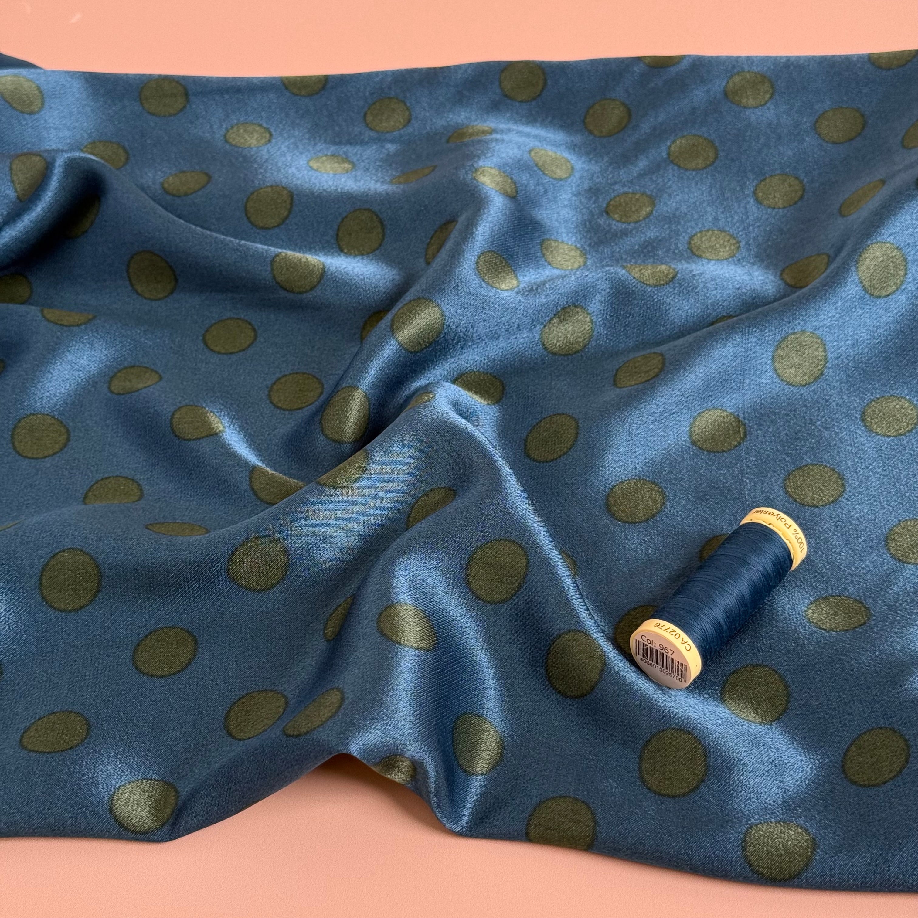 Polka Green on Petrol Spun Viscose Sateen Fabric