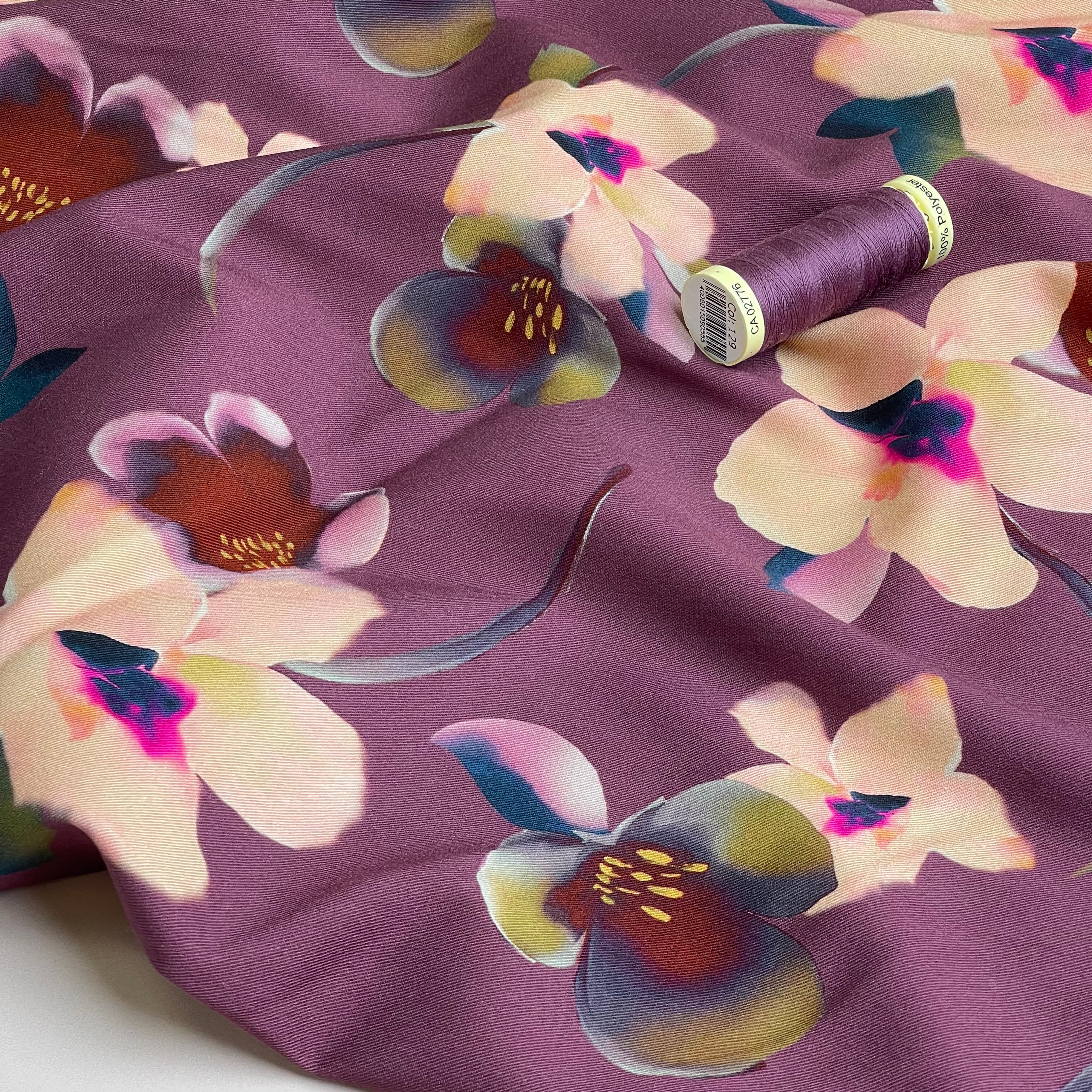 Rosella Watercolour Flowers Plum Viscose Twill with Stretch