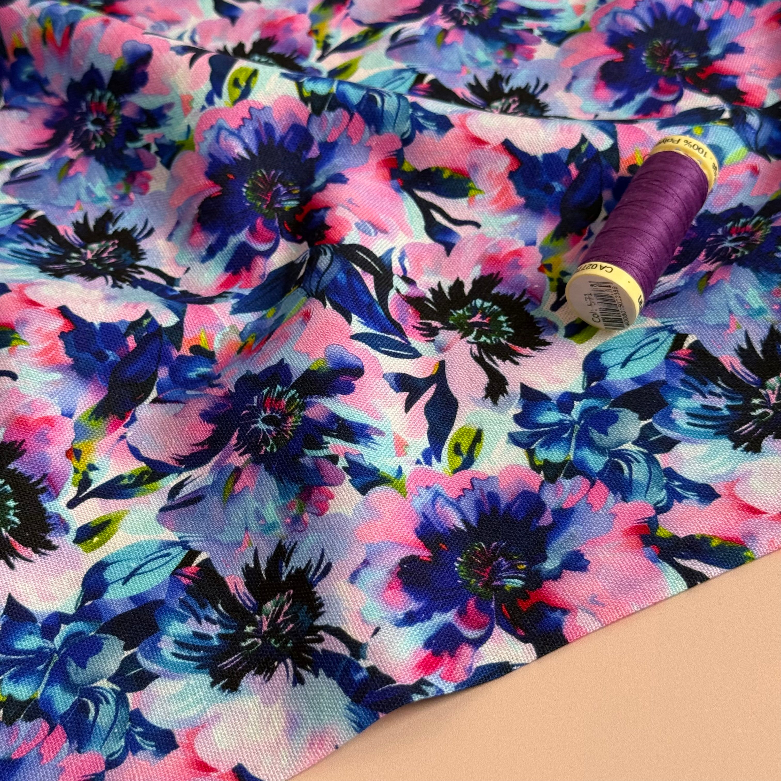 Purple Flowers Viscose Linen Fabric