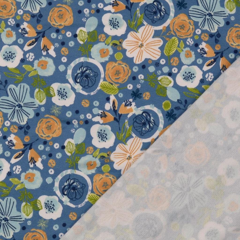 REMNANT 1.26 Metres - Floral Sketch Peach Soft Cotton Sweat-shirting Fabric in Blue