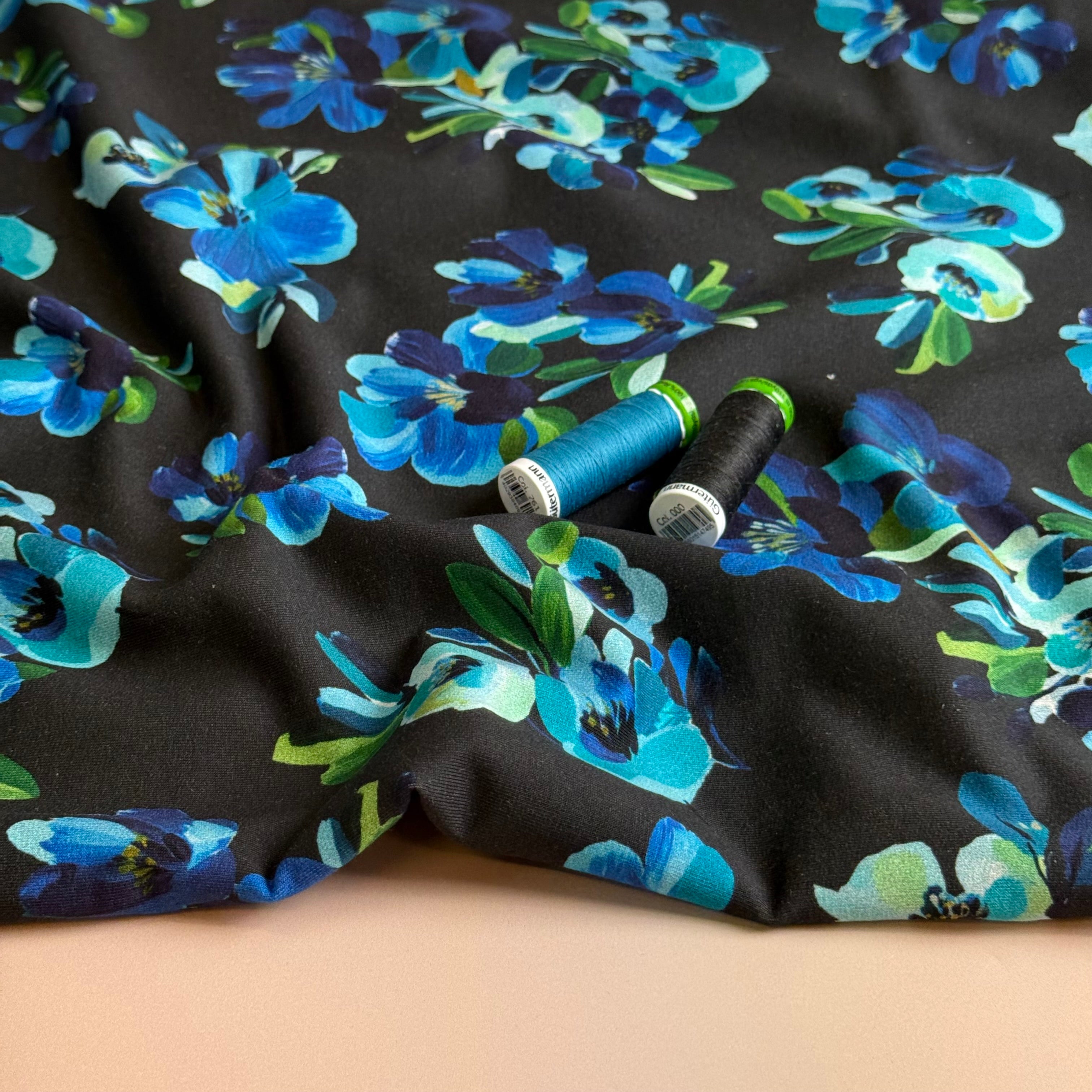 Painted Petals Black Cotton French Terry Fabric