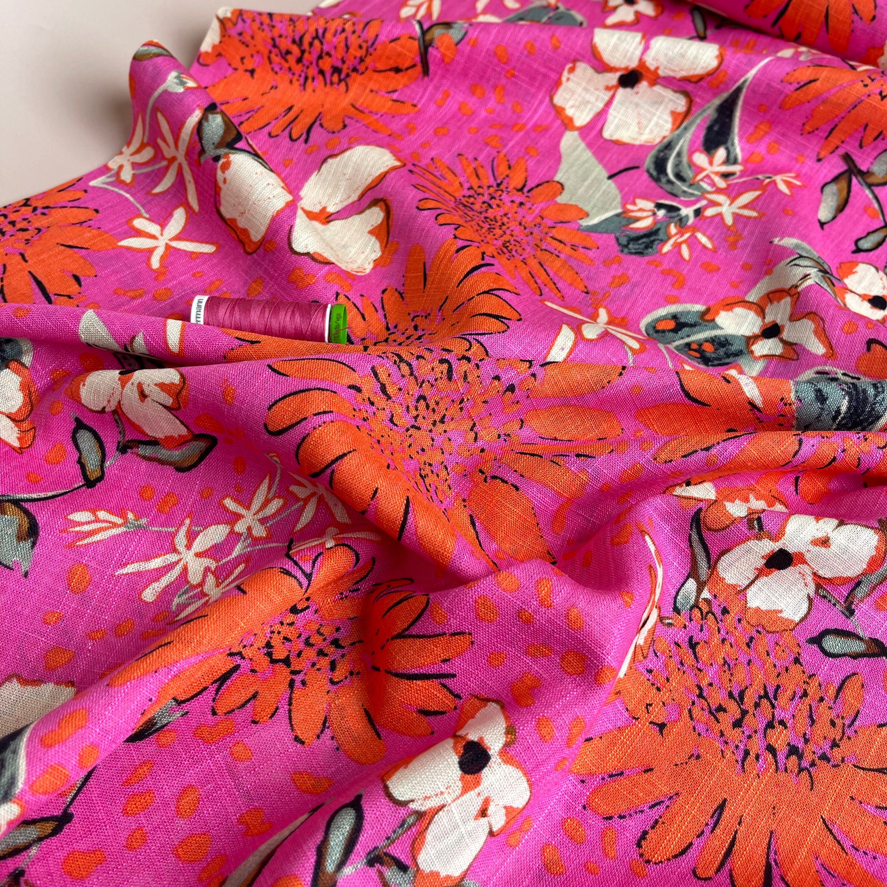 REMNANT 1.35 Metres - Orange Asters on Fuchsia Linen Viscose Blend Fabric