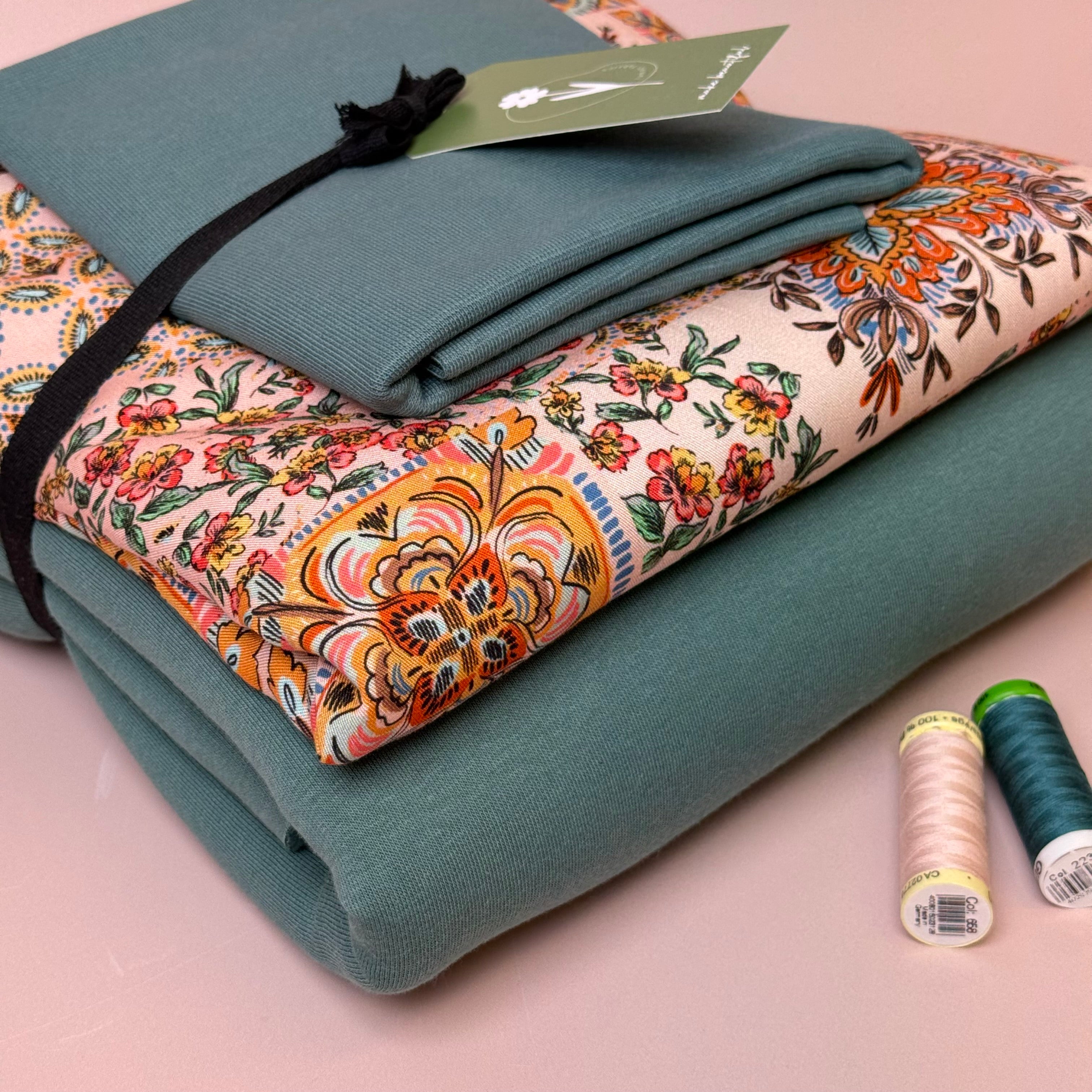 Make an Outfit Colour Bundle - Patchwork Viscose Twill & Sweatshirting in Sea Pine with Ribbing