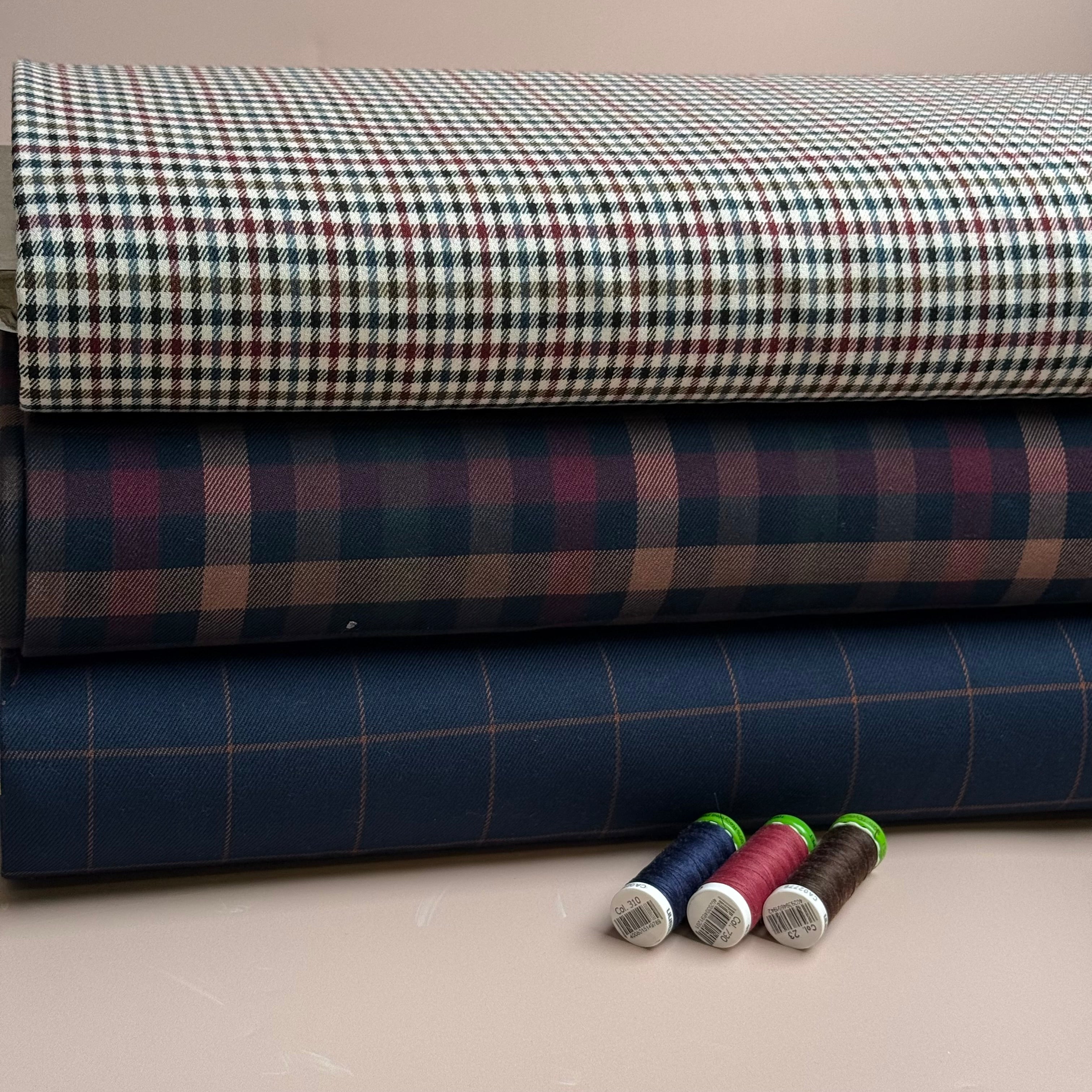 Tartan Check in Navy & Camel Viscose Blend Trouser Fabric