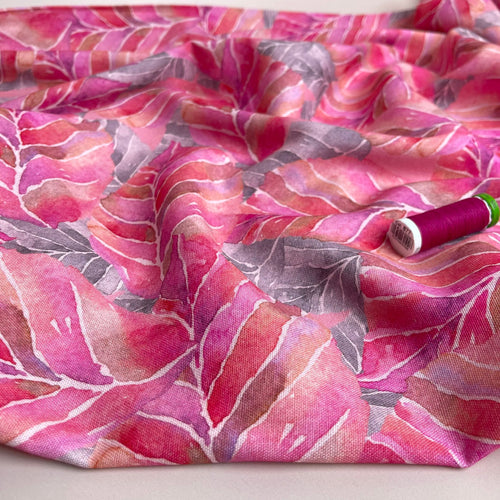 REMNANT 0.46 Metre (plus extra few cms with a hole) Fuchsia Leaves Viscose Linen Fabric