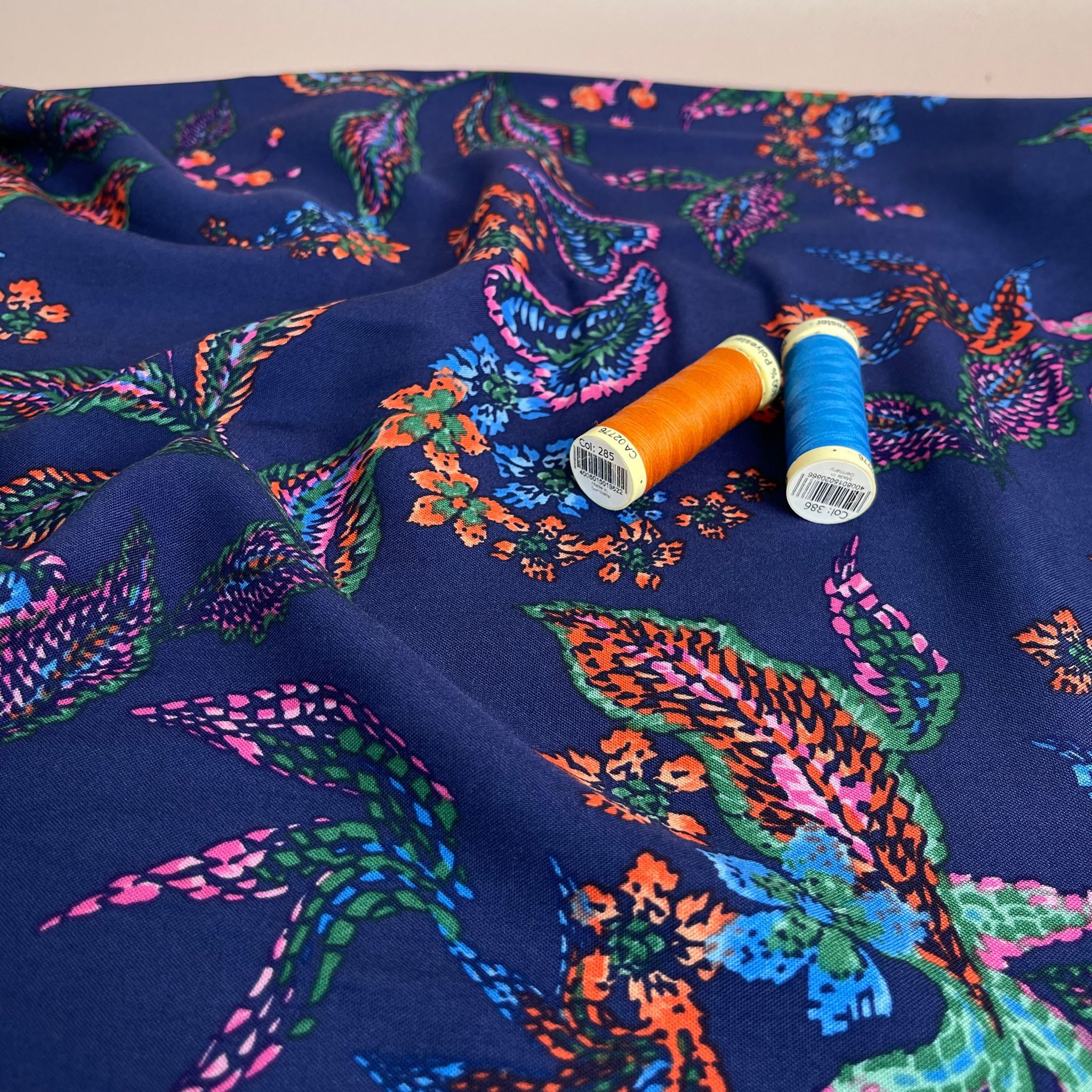 Abstract Foliage Navy Rayon Viscose Fabric