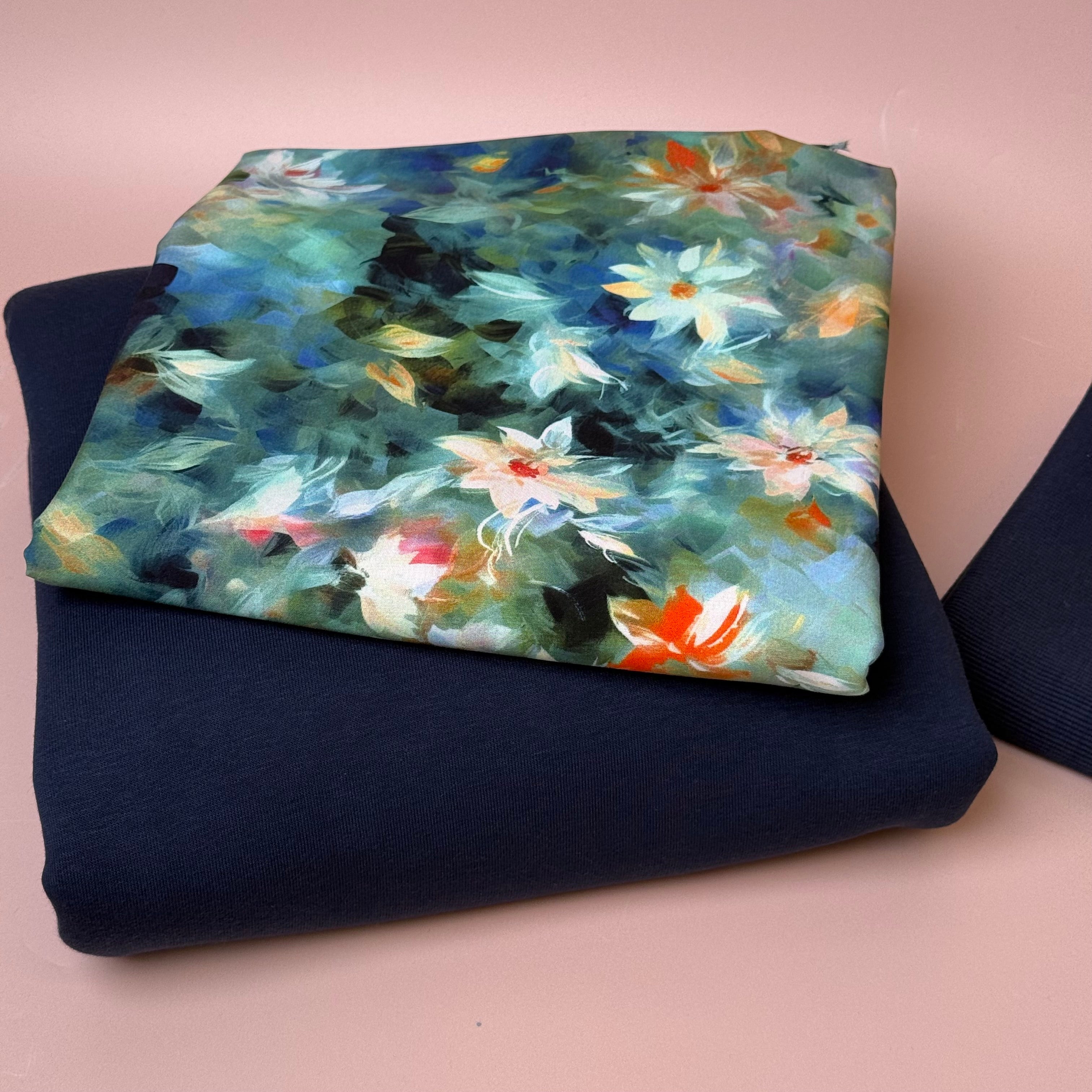Make an Outfit Colour Bundle - Watercolour Florals Viscose & Sweatshirting in Navy with Ribbing