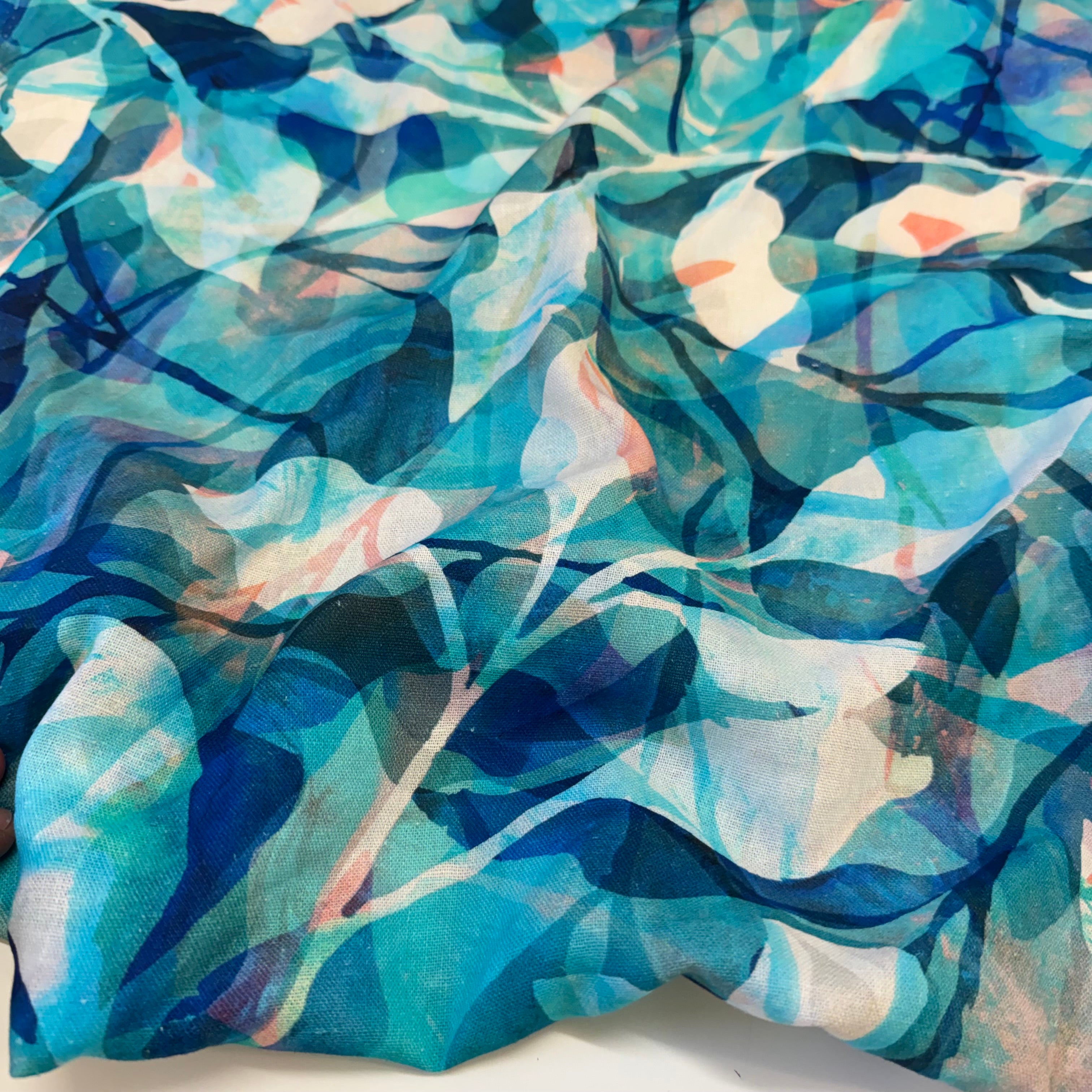 Painted Foliage Turquoise Linen Viscose Blend Fabric