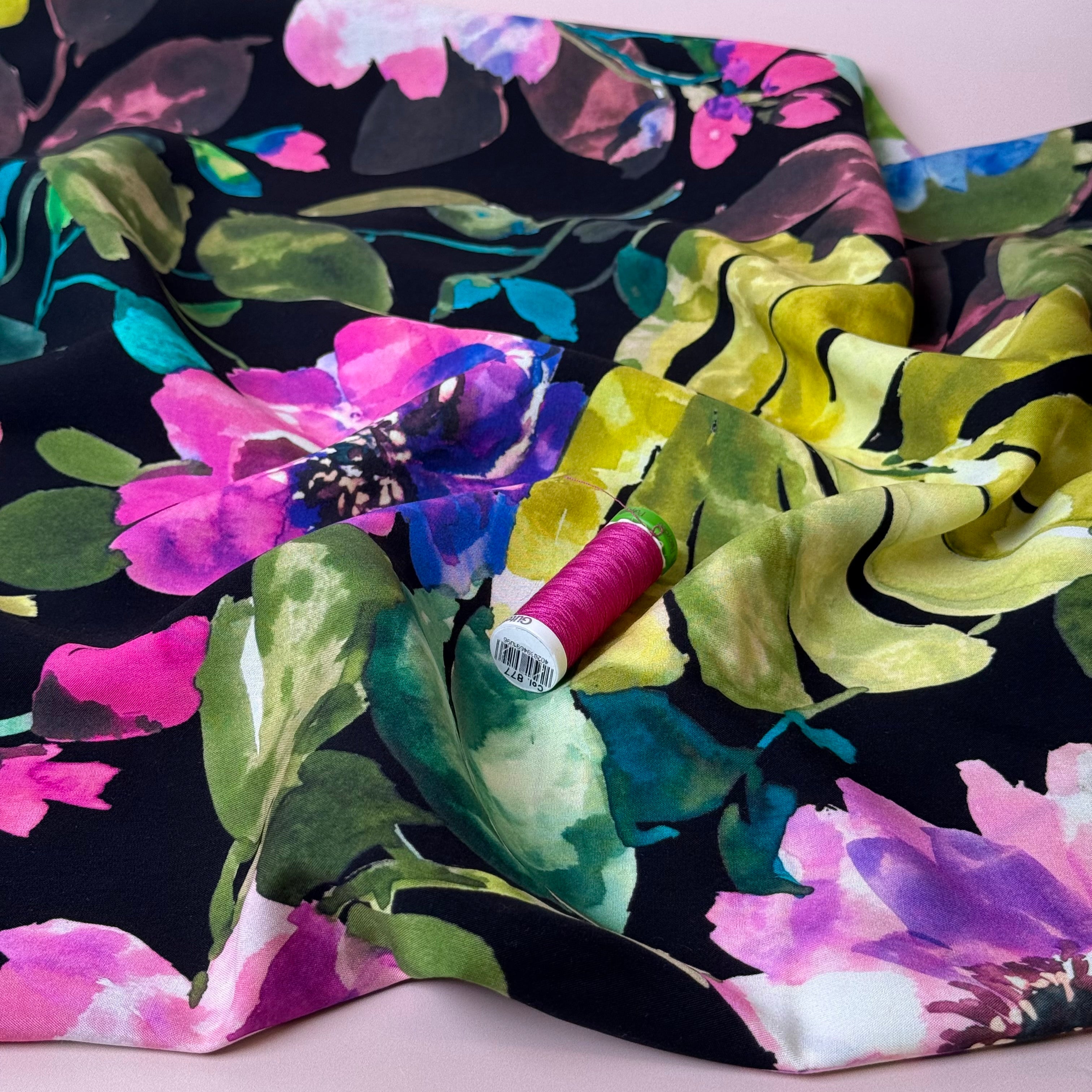 Winter Blooms with Pink Viscose Poplin Fabric