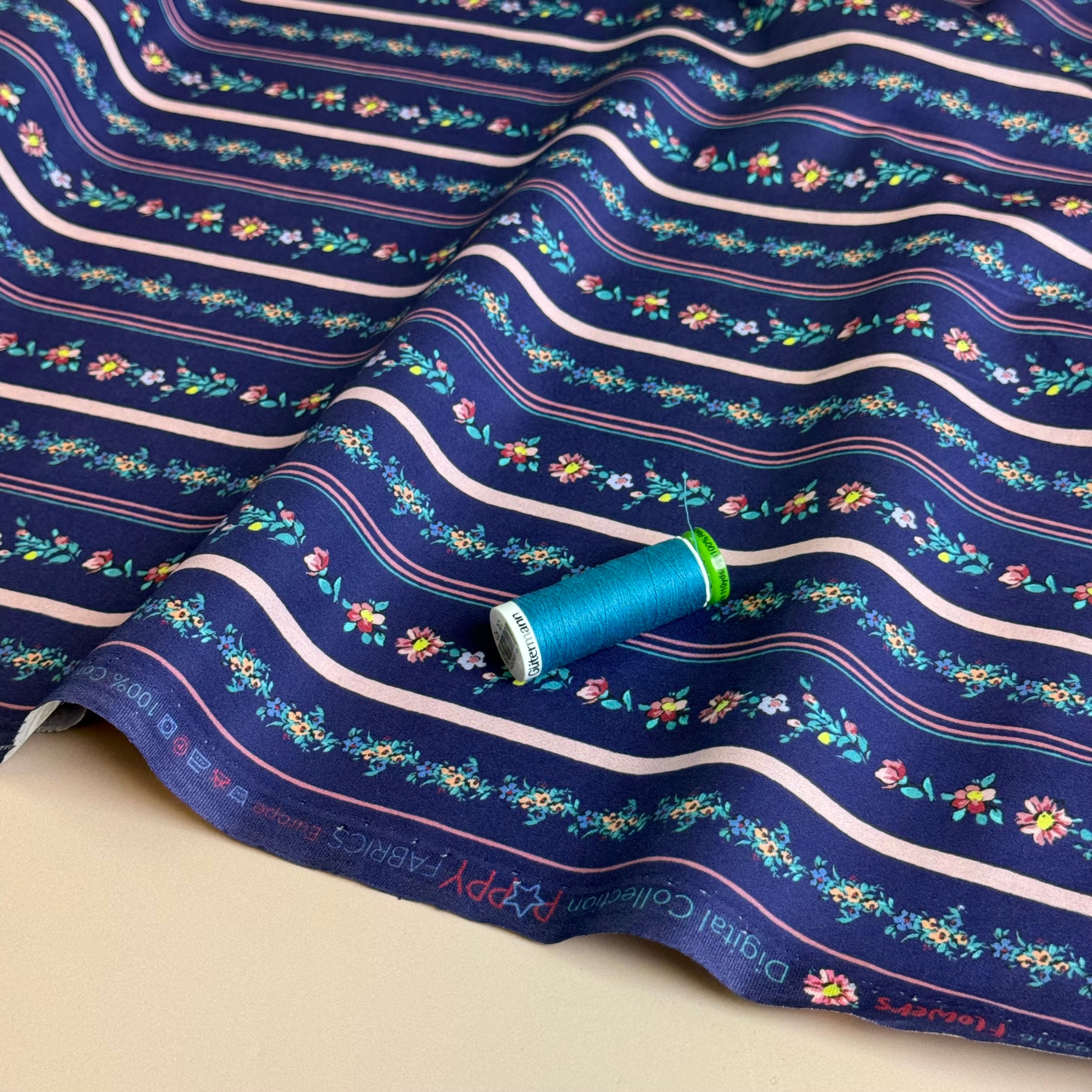 Floral Stripes on Navy Fine Cotton Poplin Fabric