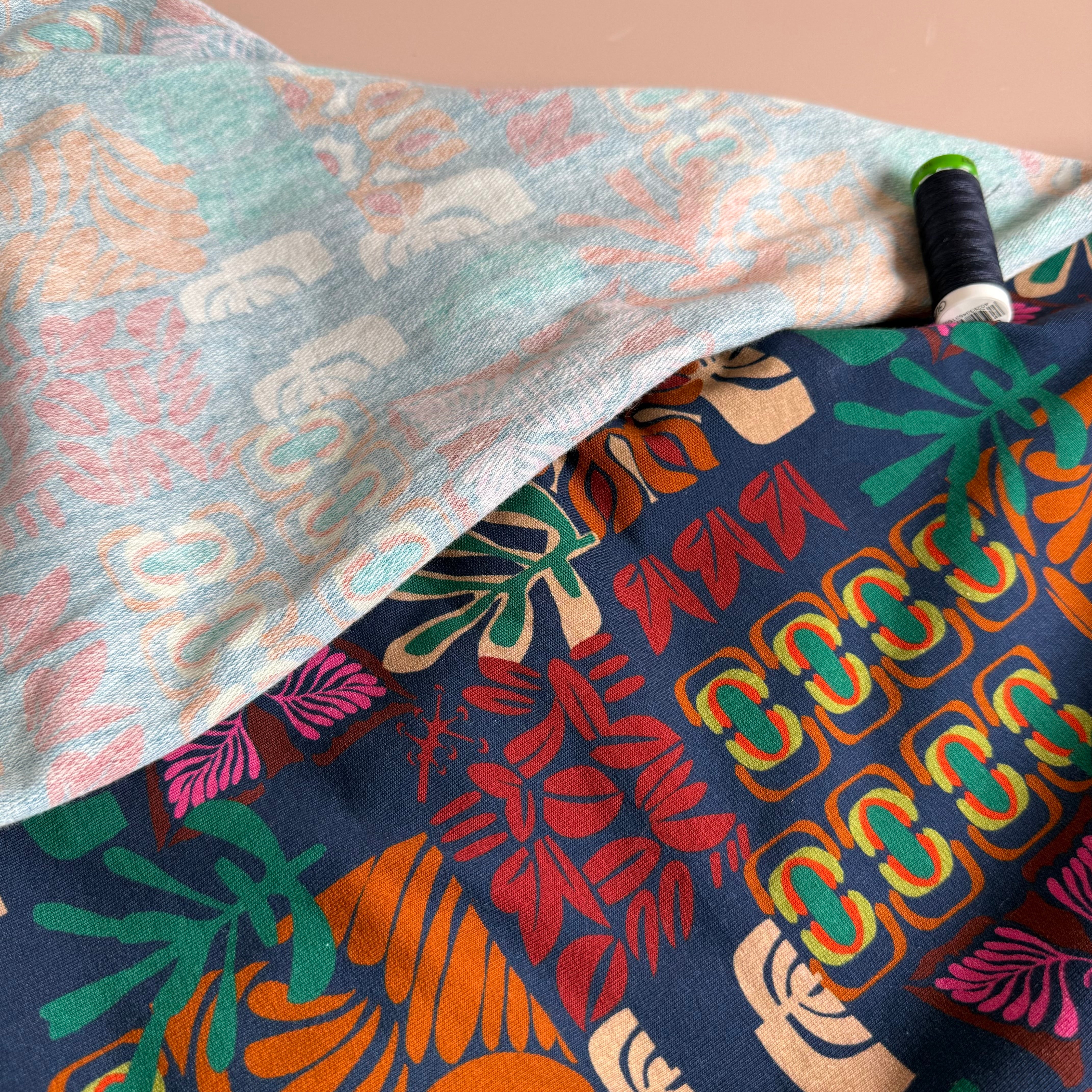 Autumn Shapes on Navy Cotton French Terry Fabricn