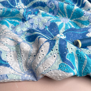 Aqua Flowers Cotton Broderie Anglaise