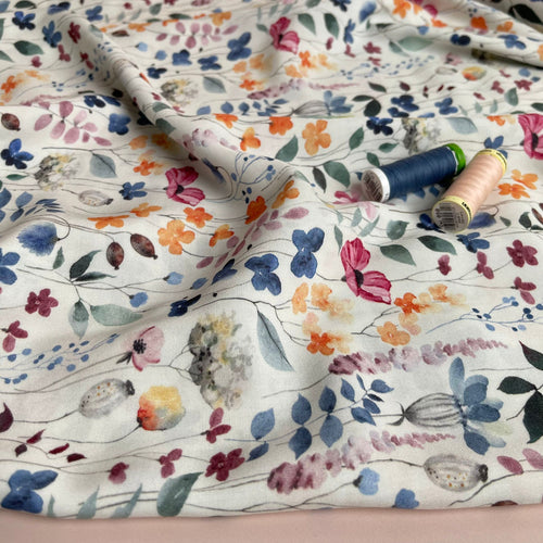 Delicate Watercolour Wildflowers on Off-White Viscose Fabric