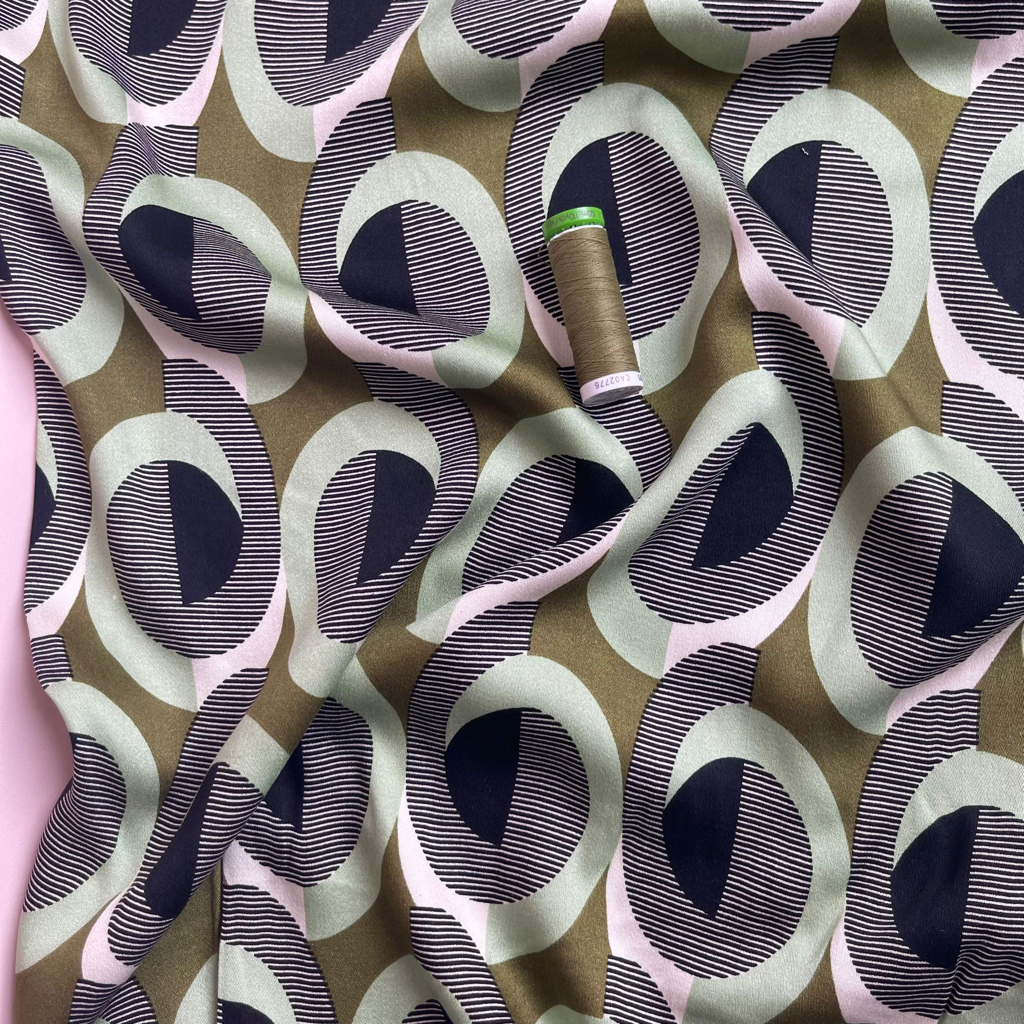 REMNANT 1.3 Metres - Abstract Circles on Olive Viscose Twill Sateen Fabric