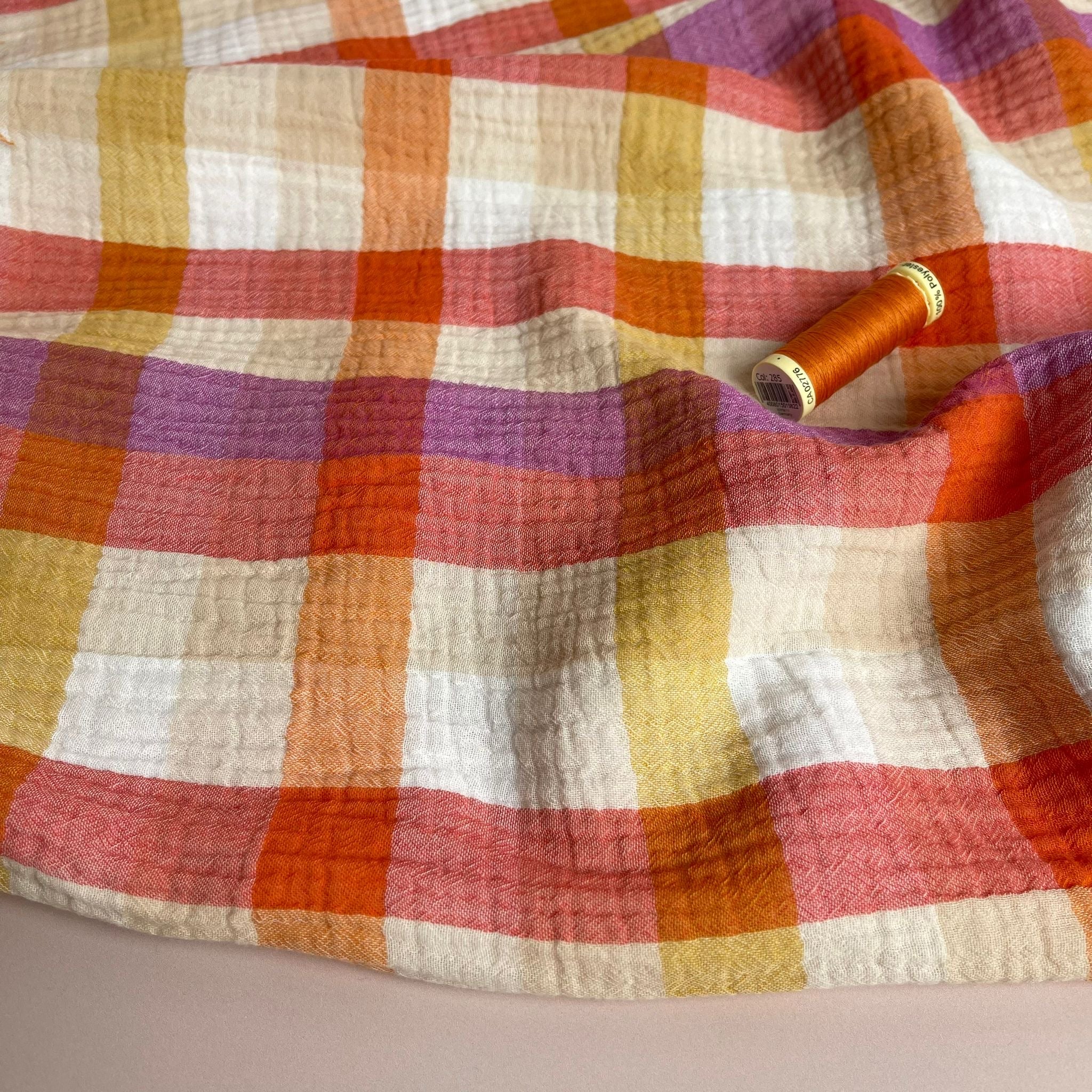 REMNANT 0.42 Metre - Checked Sunset Cotton Double Gauze