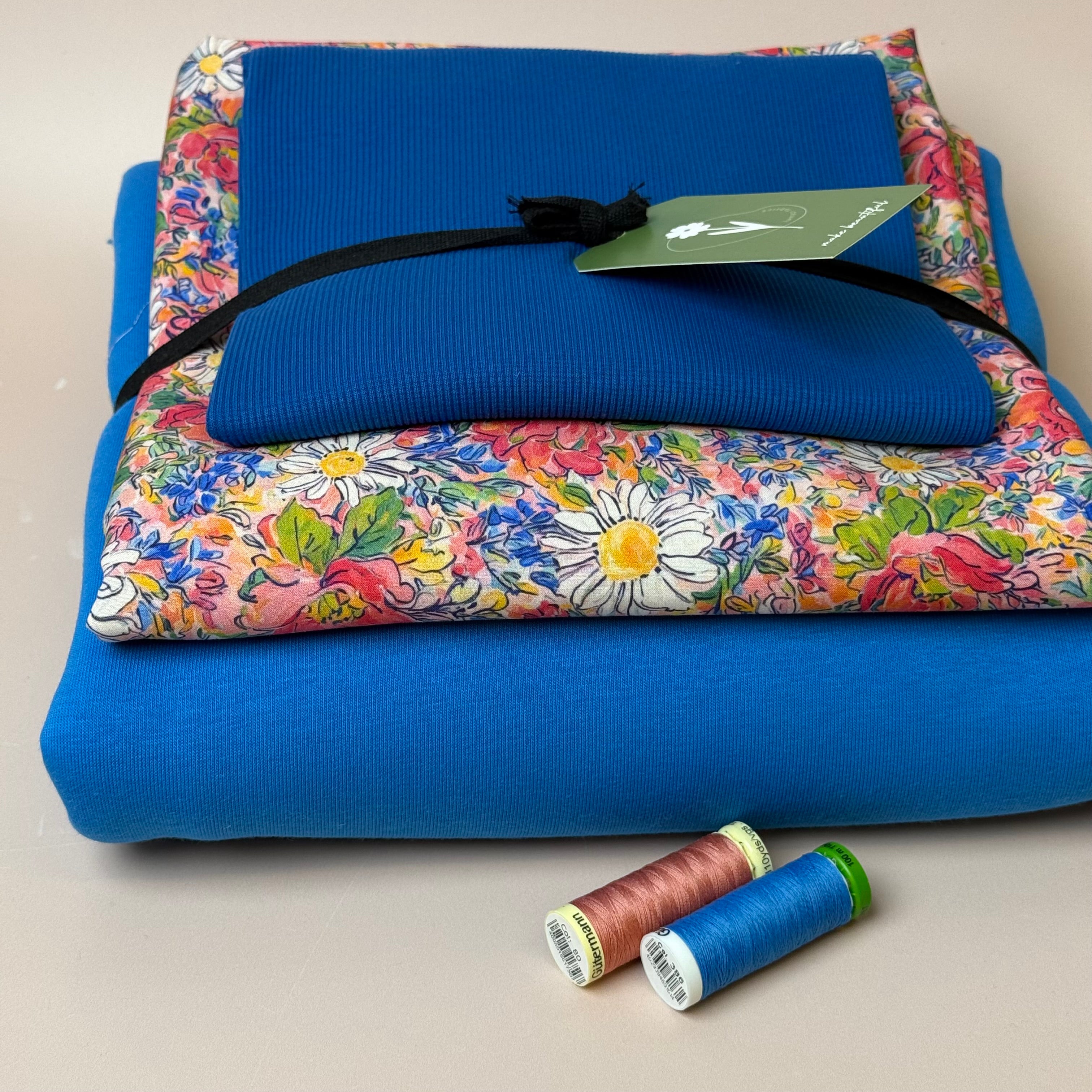 Make an Outfit Colour Bundle - Daisies Viscose & Sweatshirting in Bright Blue with Ribbing