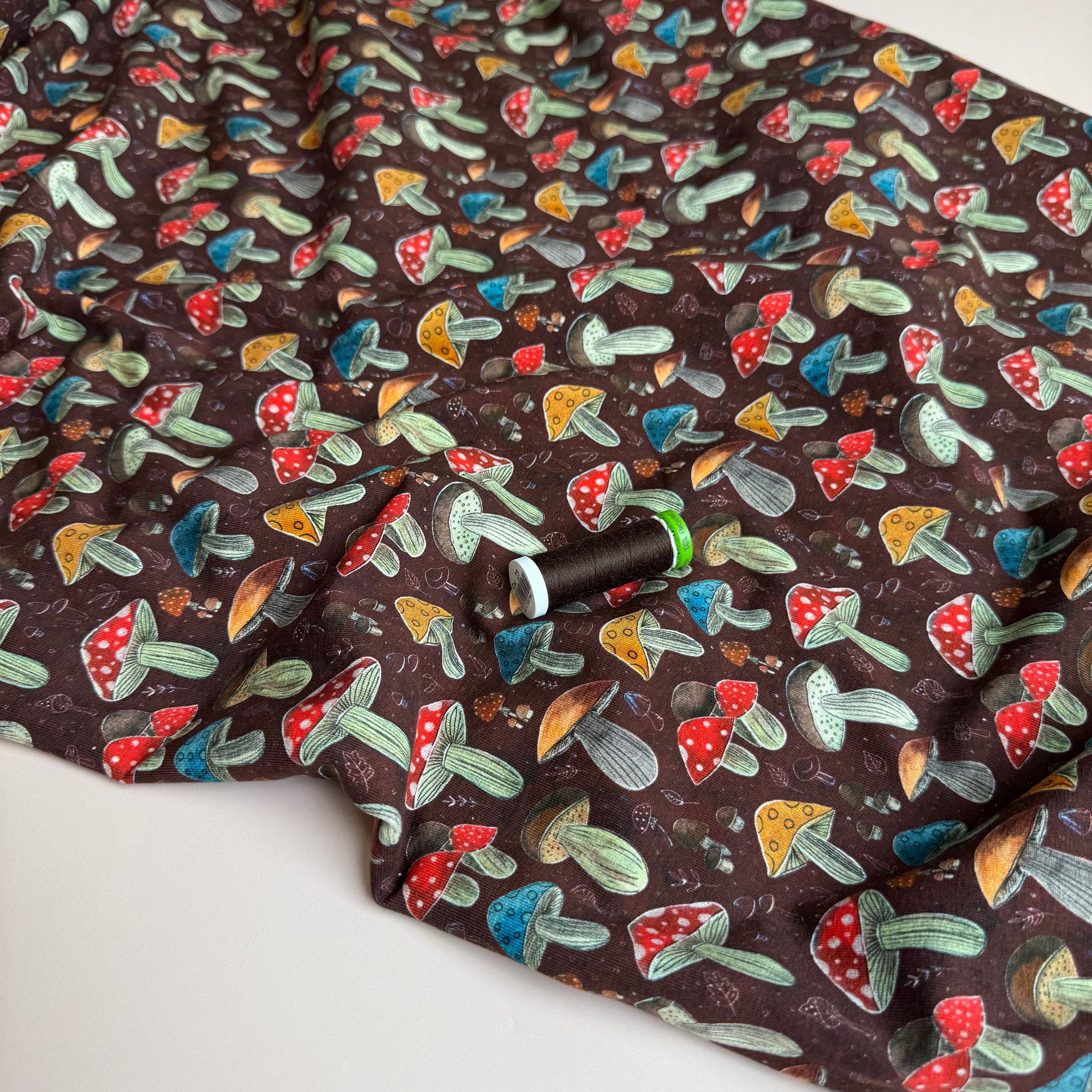 Colourful Mushrooms Brown Cotton Jersey Fabric