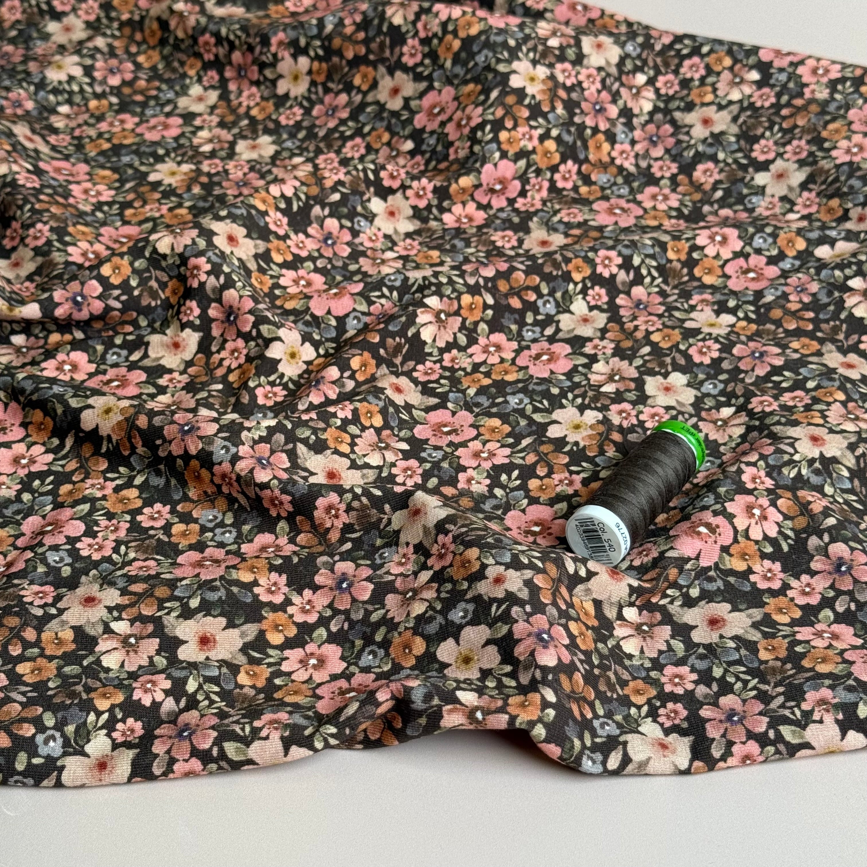 Ditsy Autumn Flowers on Brown Cotton Jersey Fabric