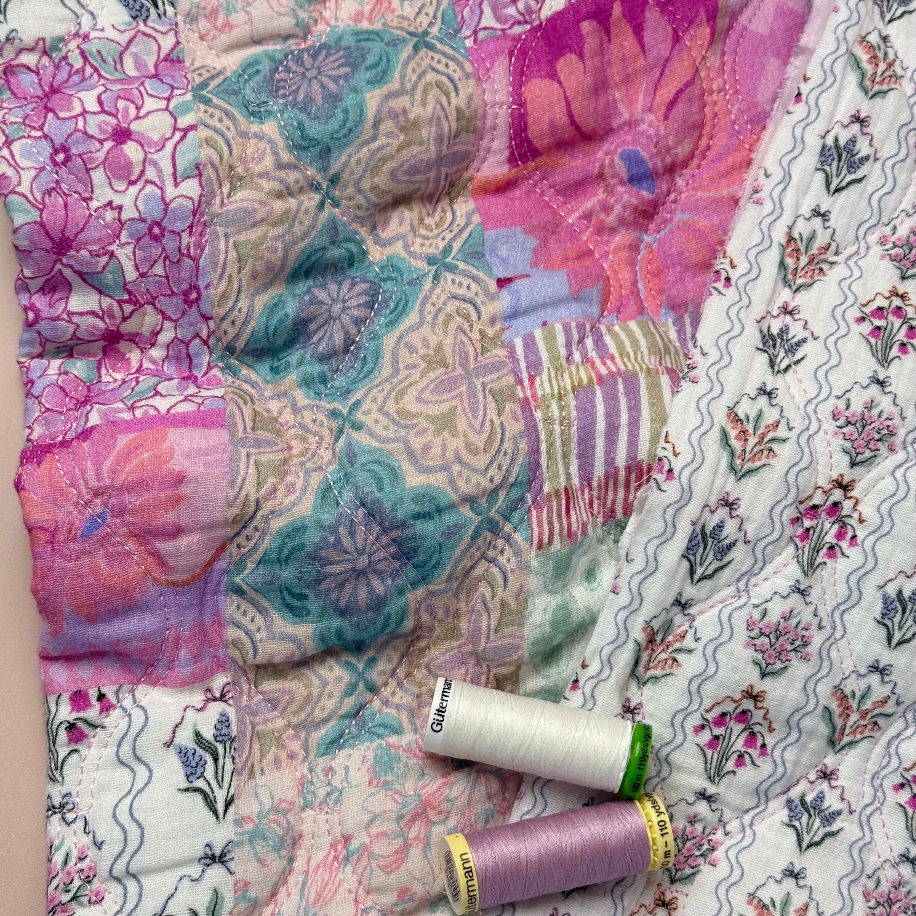 Hairloom Flowers in Pink Quilted Cotton Gauze