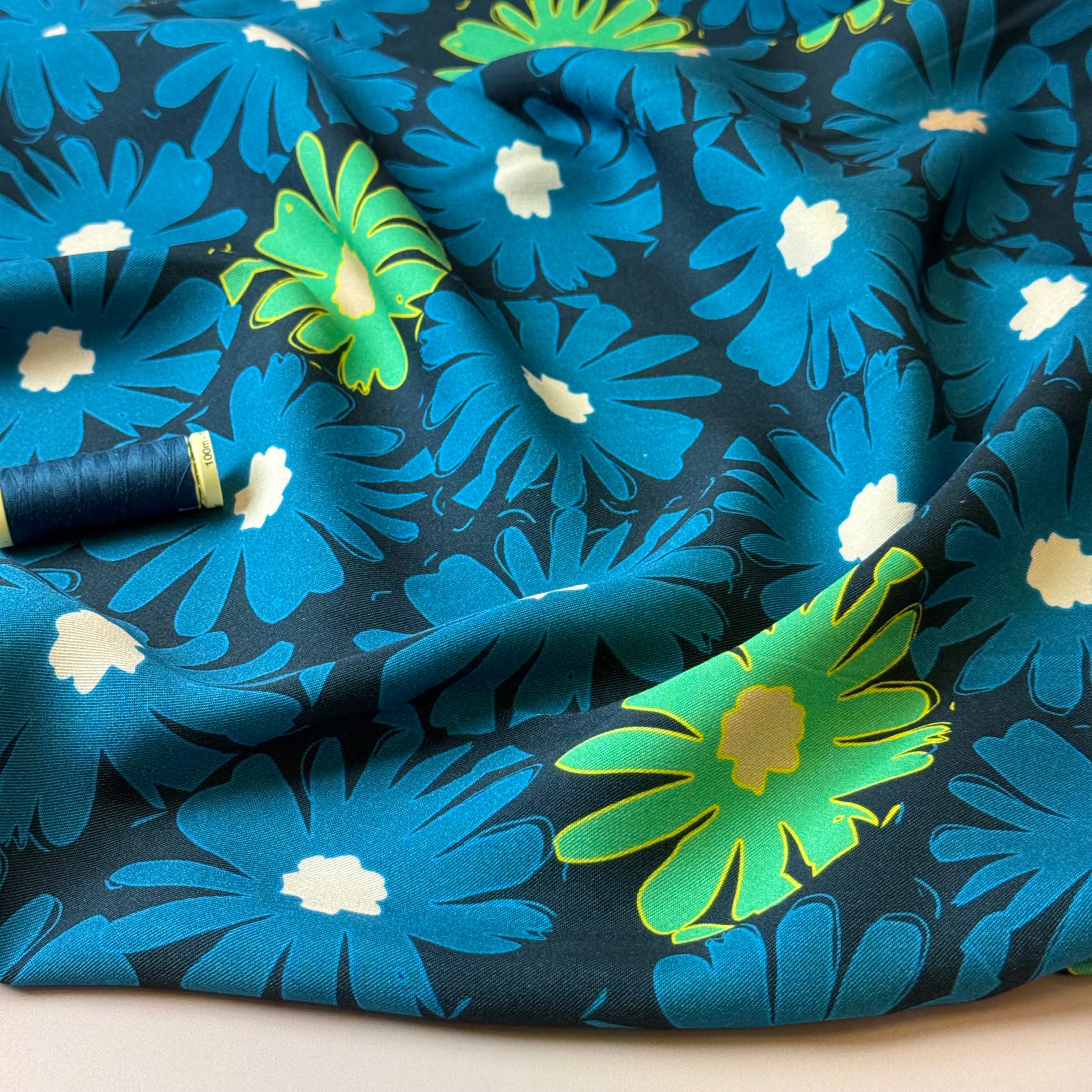 REMNANT 1.6 Metres - Light & Lush - Petrol Blue Daisies Viscose Twill Fabric