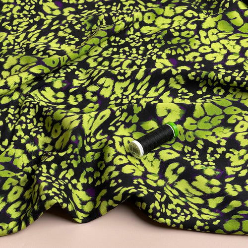 Rosella Lime Green Leopard Viscose Twill with Stretch