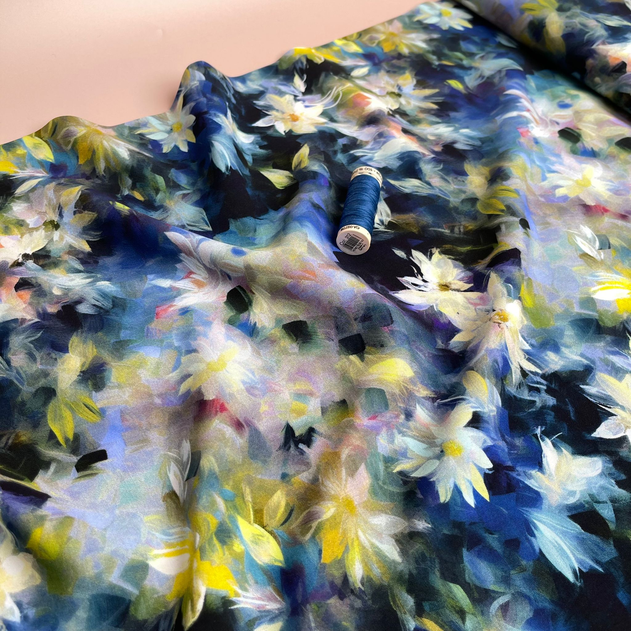 PRE-ORDER Watercolour Florals Cobalt Viscose Poplin Fabric (arriving by mid May)