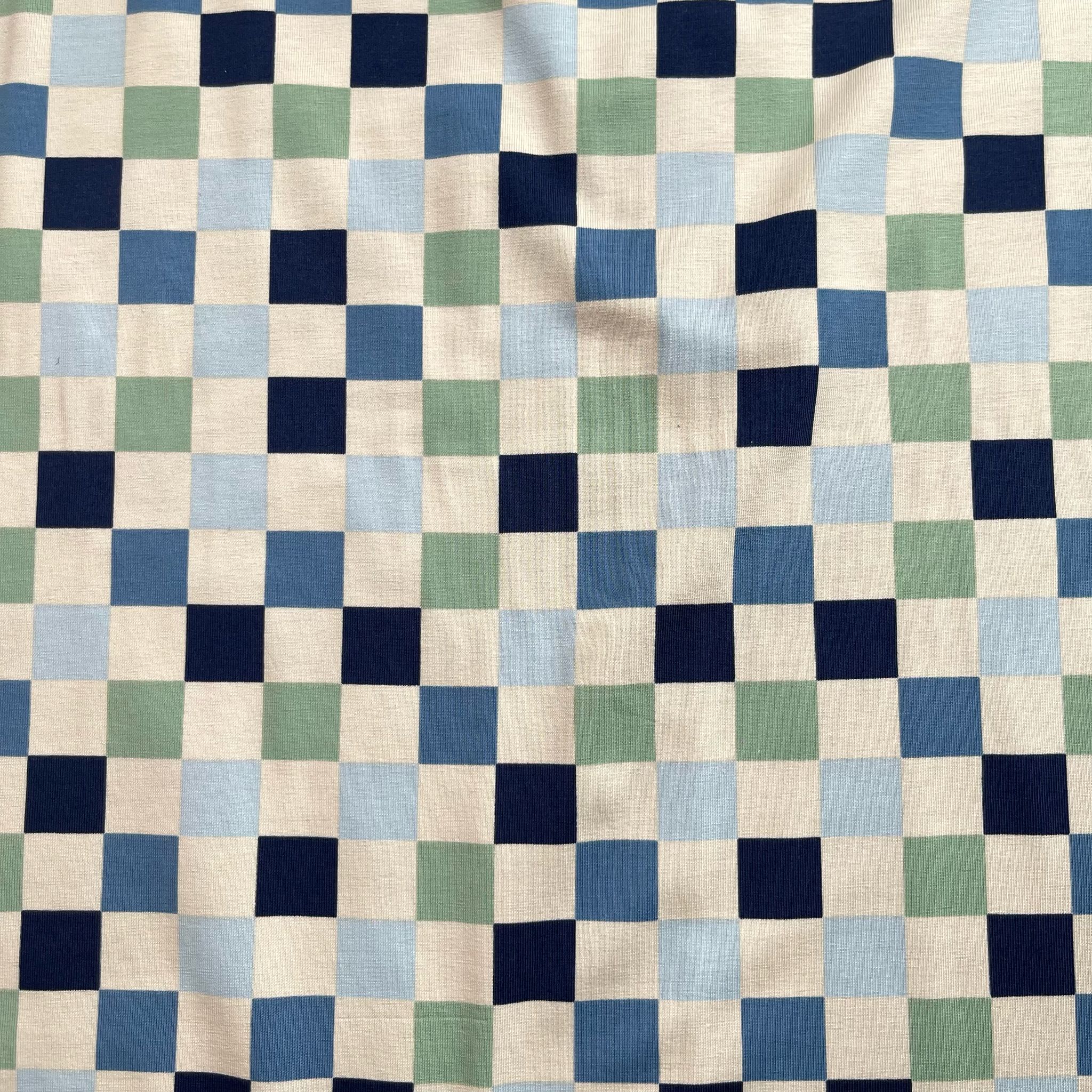 Checkers in Blue and Mint Cotton Jersey Fabric