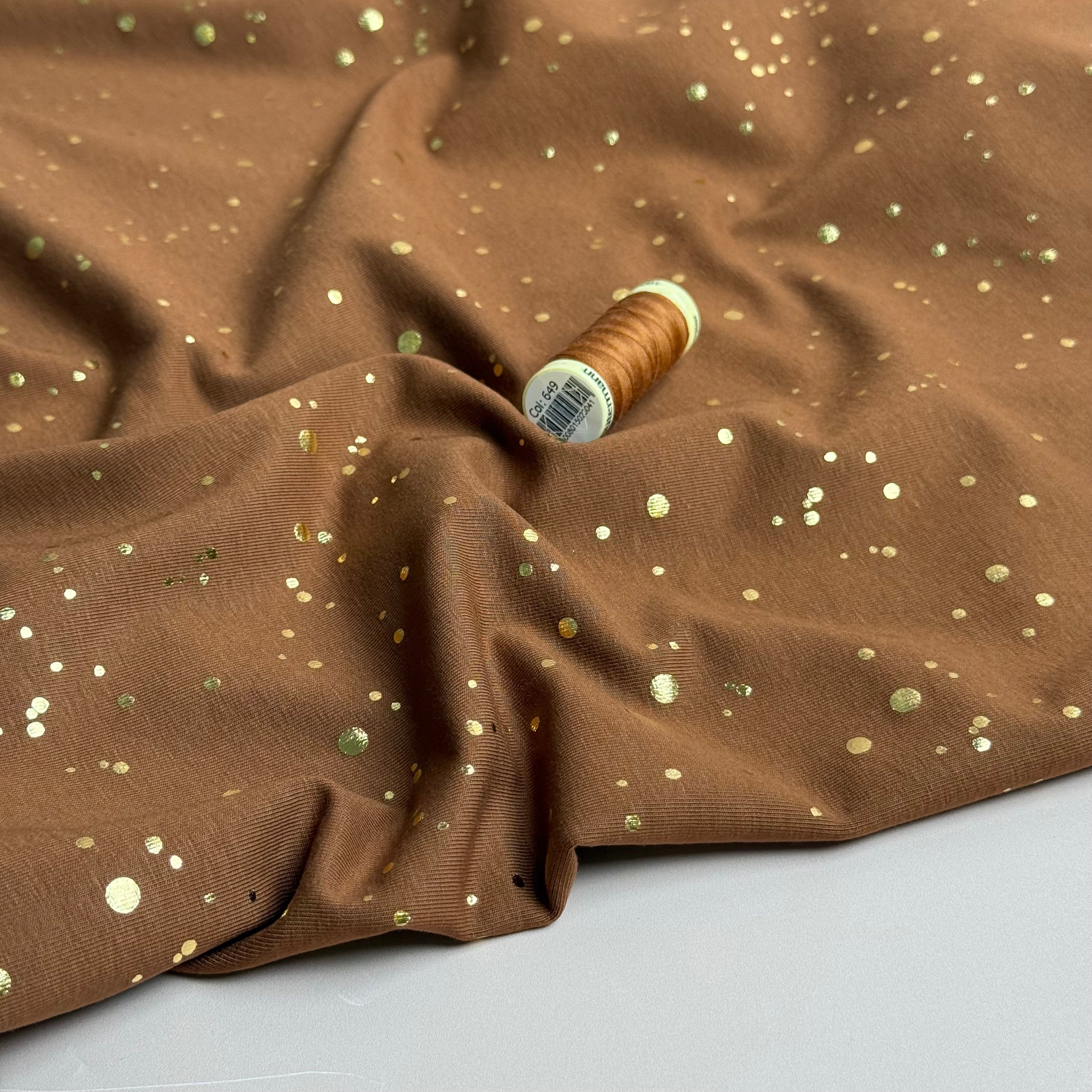 Gold Confetti on Brown Cotton Jersey Fabric
