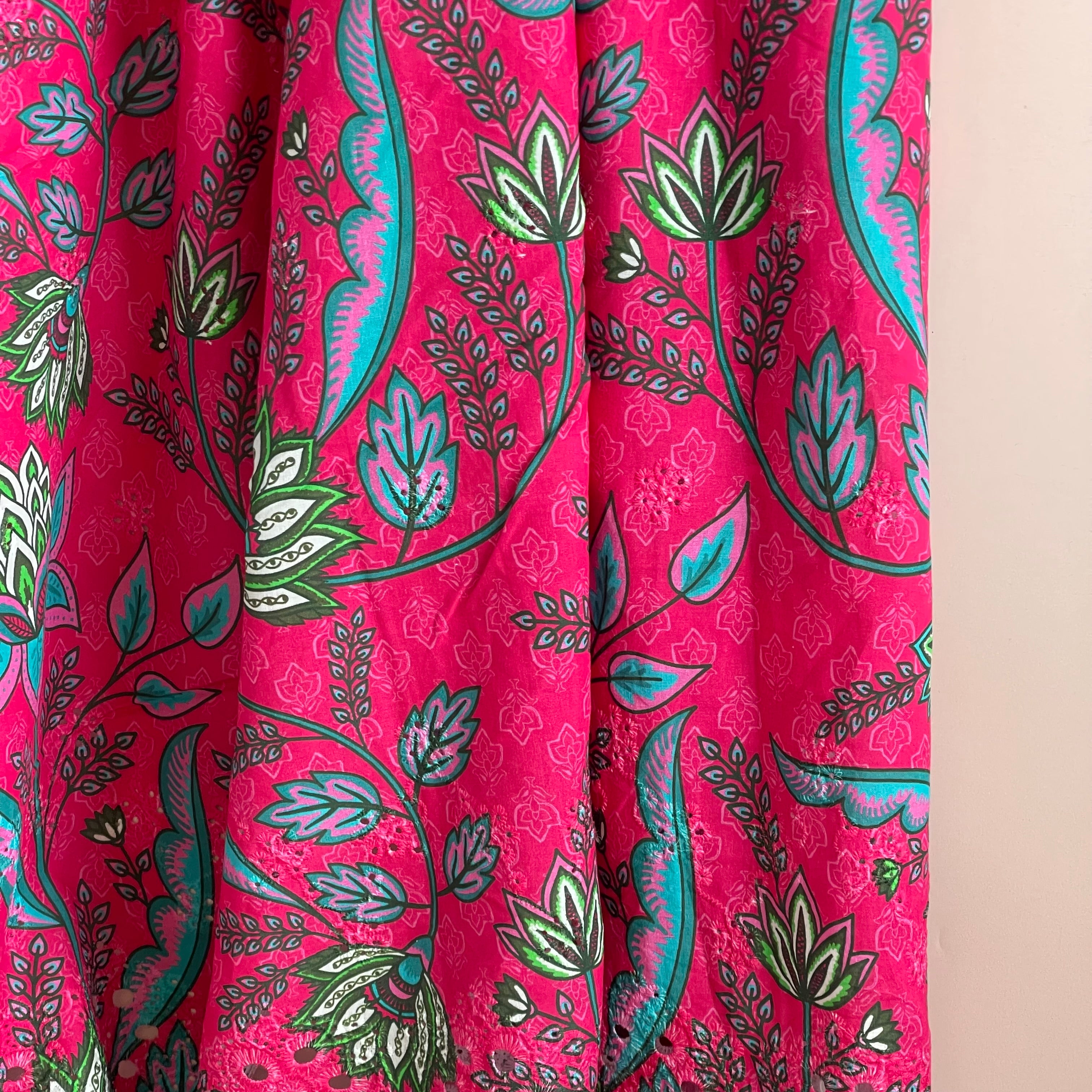 Lotus Flowers on Fuchsia Scalloped Embroidered Cotton Fabric