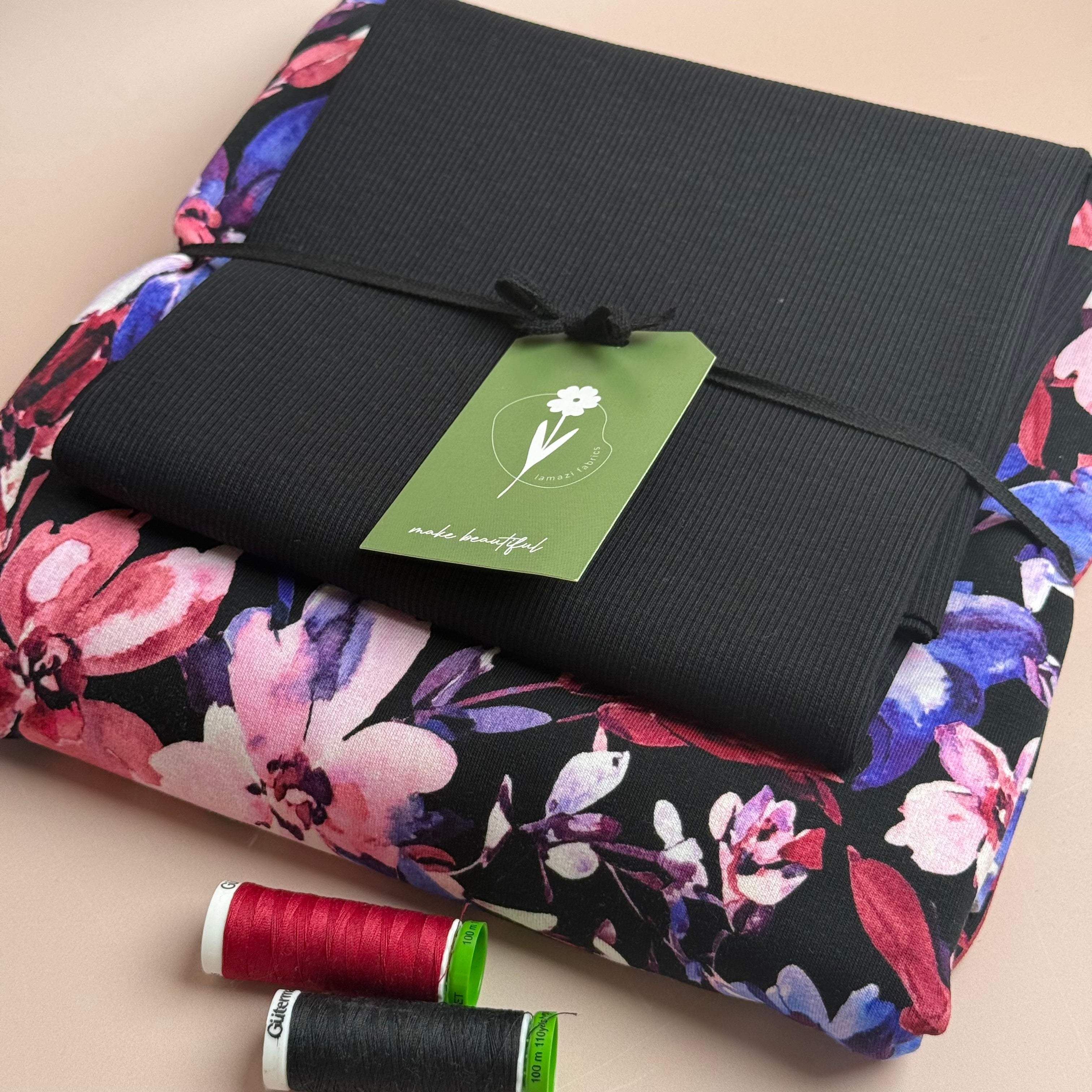 Colour Bundles - Purple Flowers Black Cotton French Terry & Matching Ribbing
