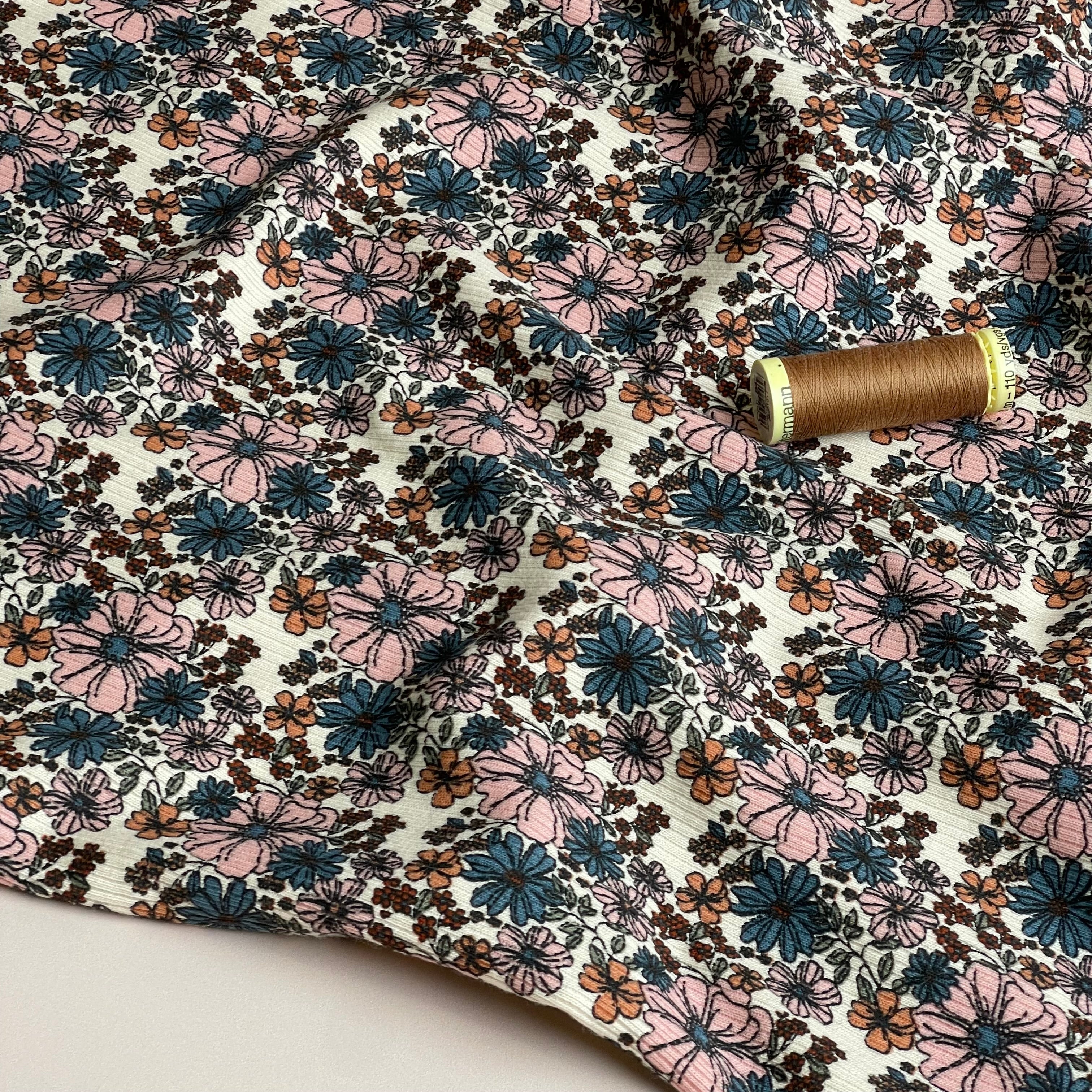Flower Garden Petrol Cotton Ribbed Jersey