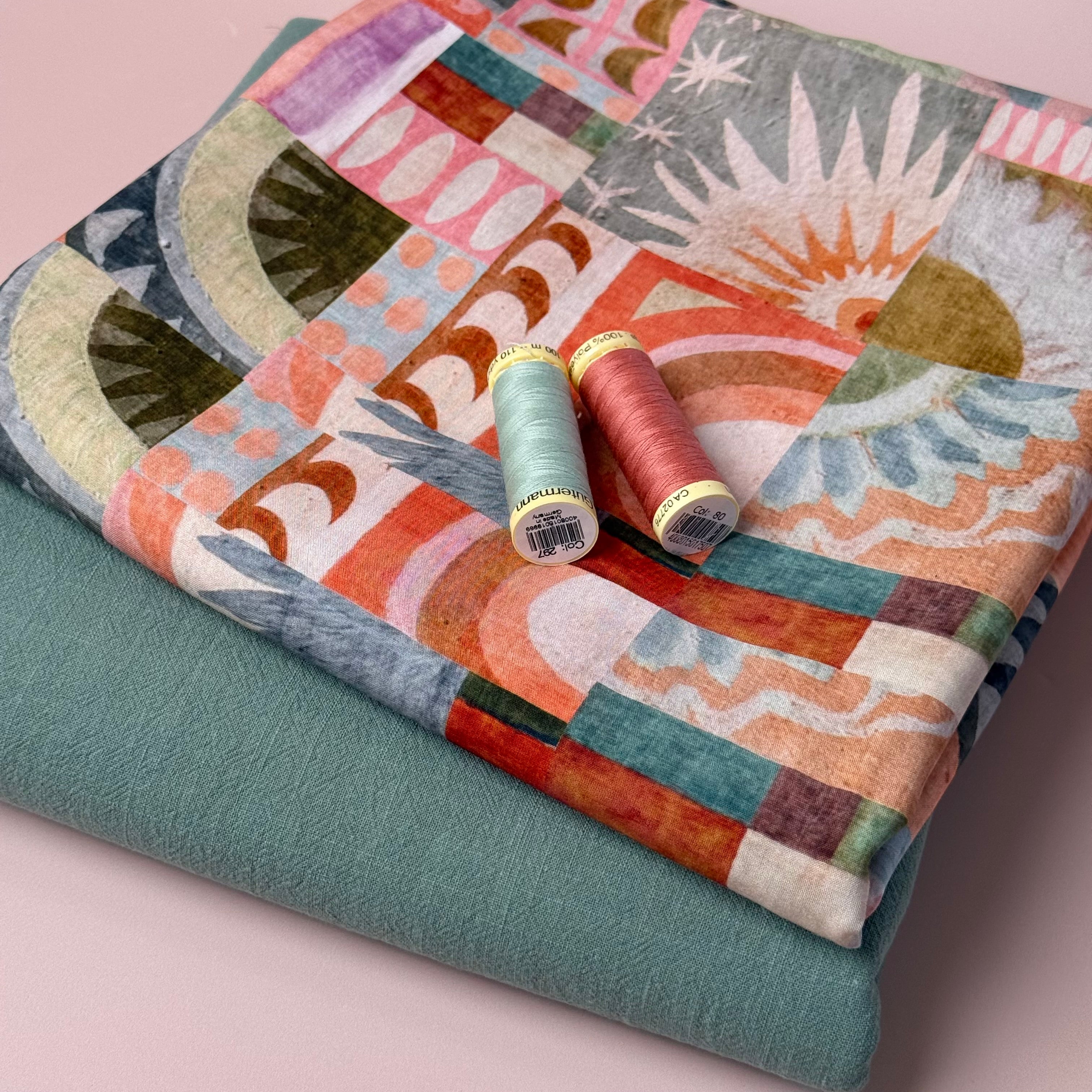 Make an Outfit Colour Bundle - Abstract Tiles Viscose with Sage Green Washed Cotton