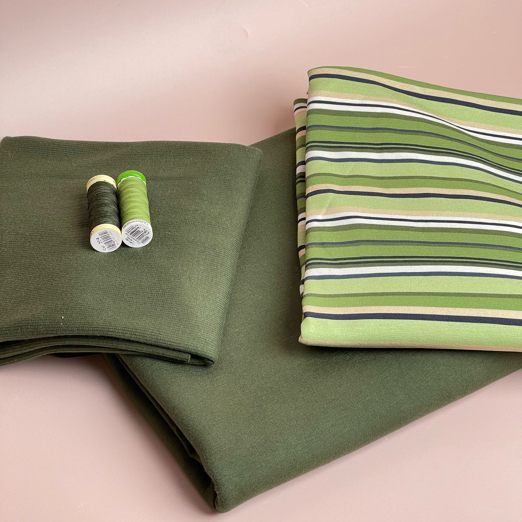 Make an Outfit Colour Bundle - Meadow Green Stripes Cotton Jersey with French Terry & Ribbing