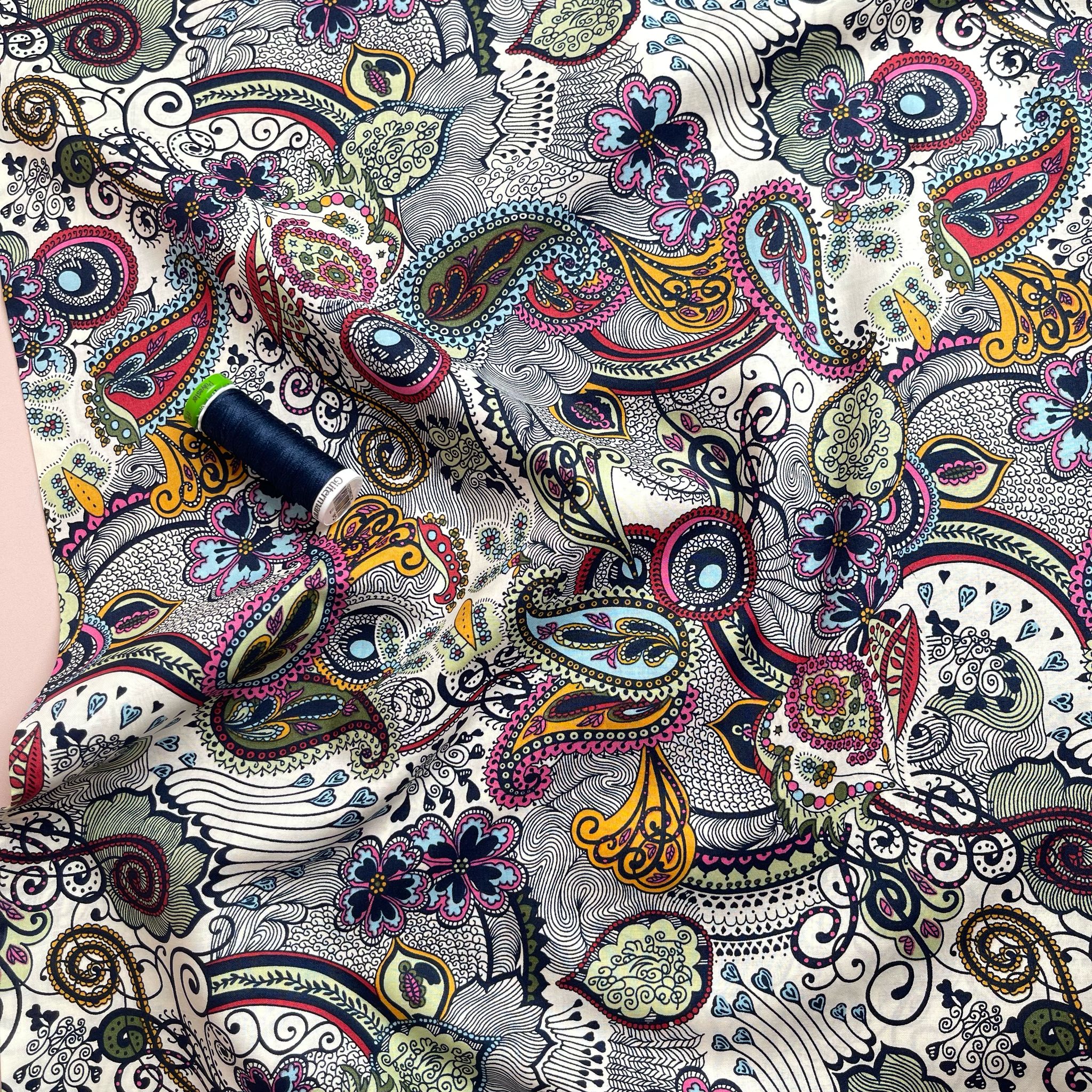 Summer Paisley on White Cotton Lawn Fabric