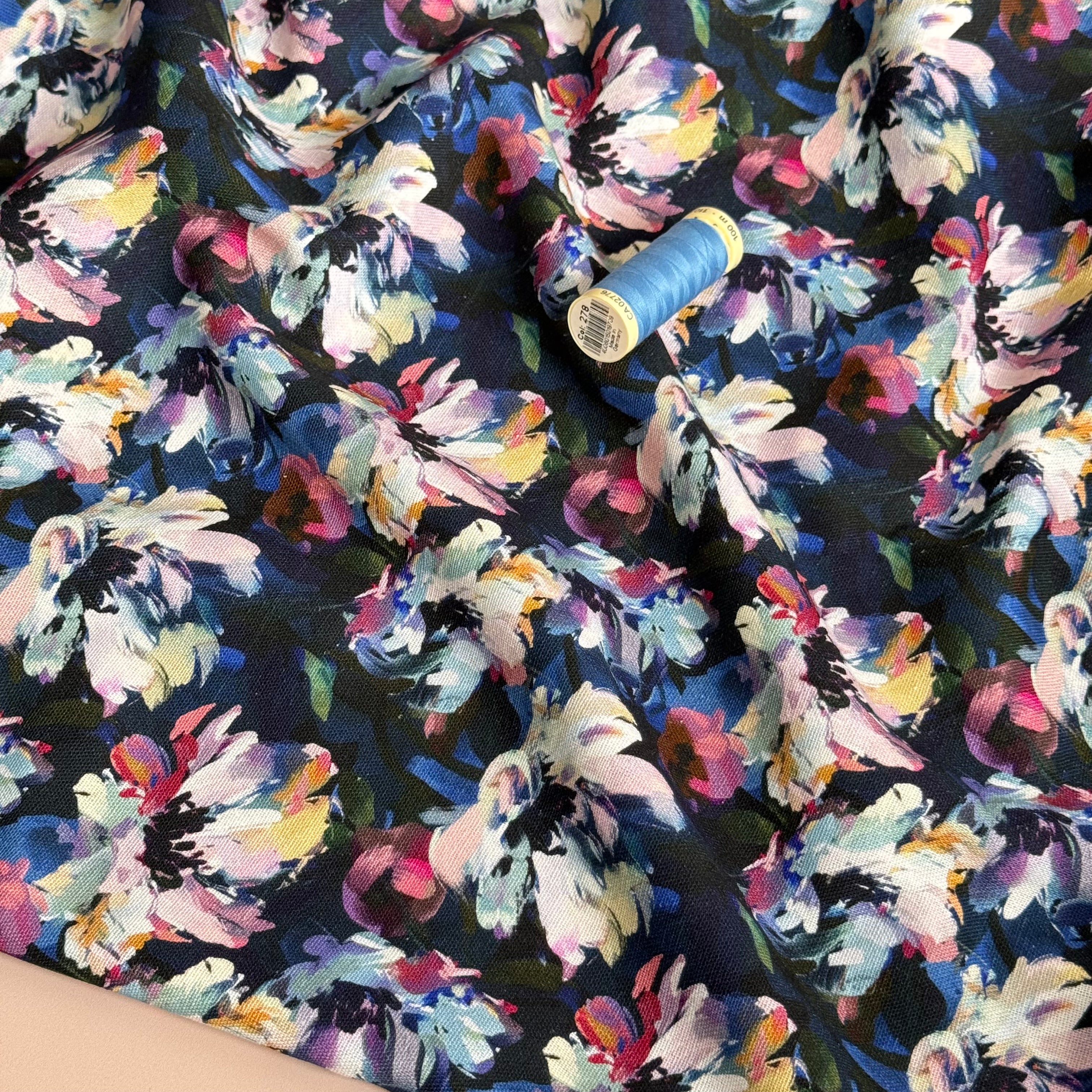 Painted Midnight Flowers Viscose Linen Fabric